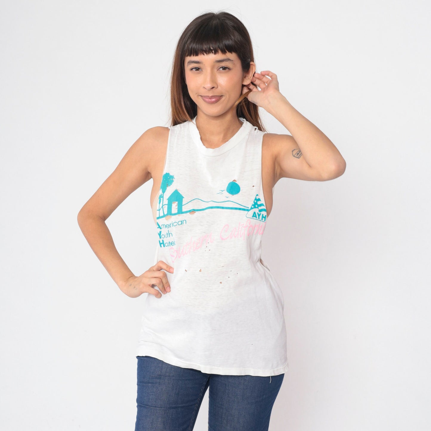 90s American Youth Hostels Tank Top California Palm Tree Graphic Distressed Medium