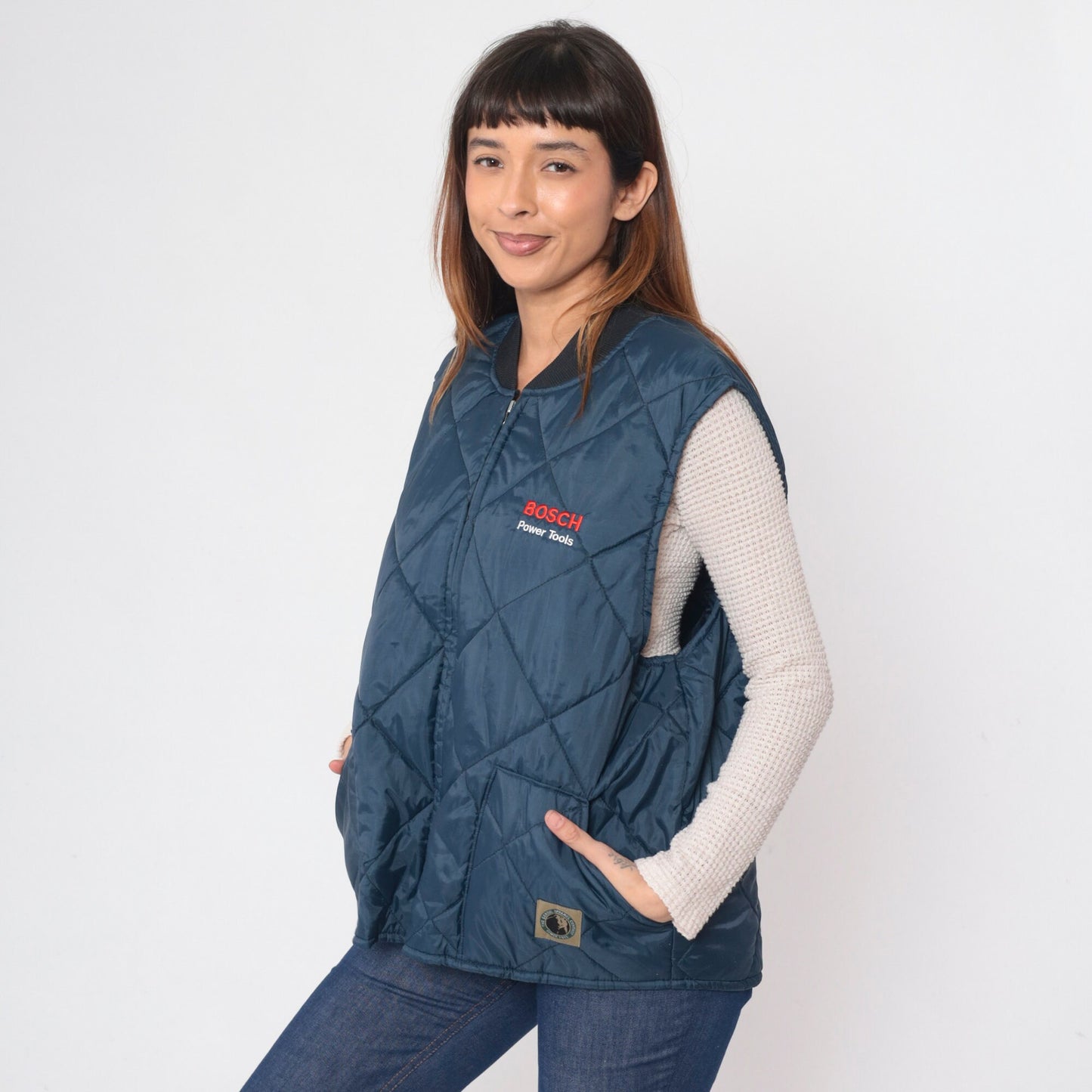 90s Berne Bosch Power Tools Quilted Puffer Vest Dark Blue Extra Large XXL