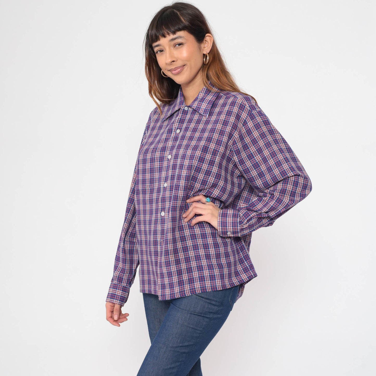 70s Plaid Button-Up Shirt Red Blue White Tartan Cotton Blend Large