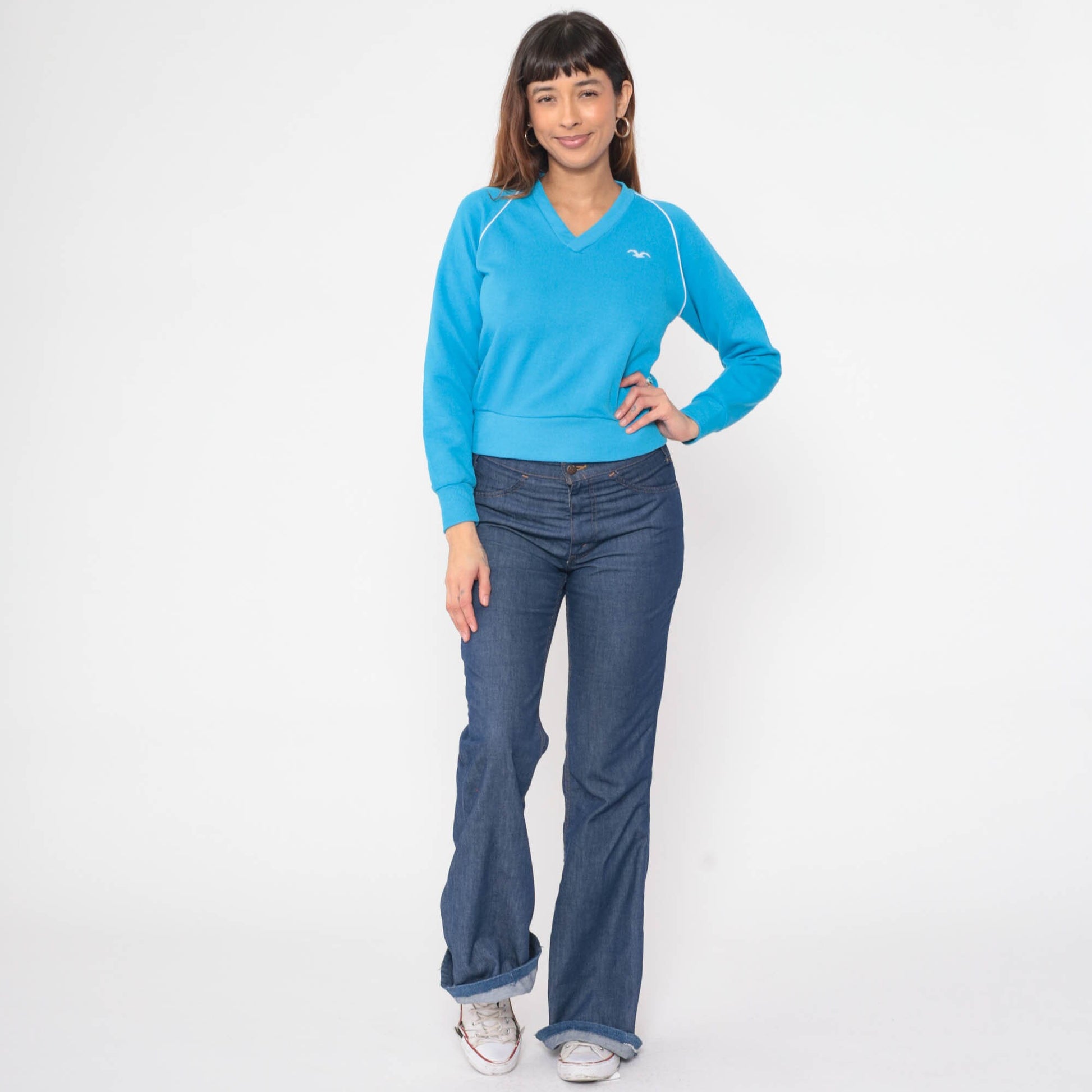 80s Wrangler Bird Logo Raglan Sweatshirt Bright Blue V-Neck Extra Small