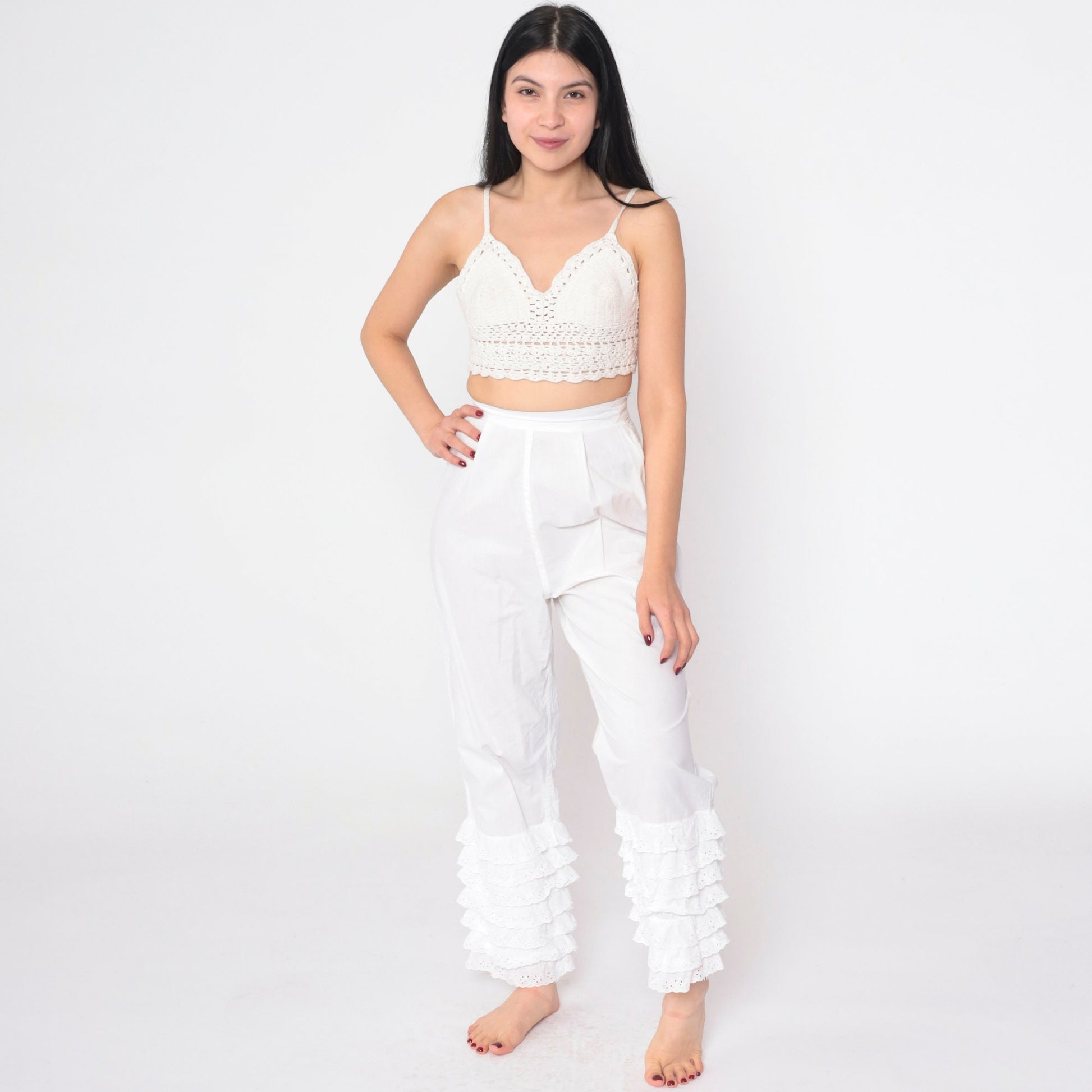 60s White Eyelet Ruffled Pantaloons High Waist Cotton Petti Pants Extra Small