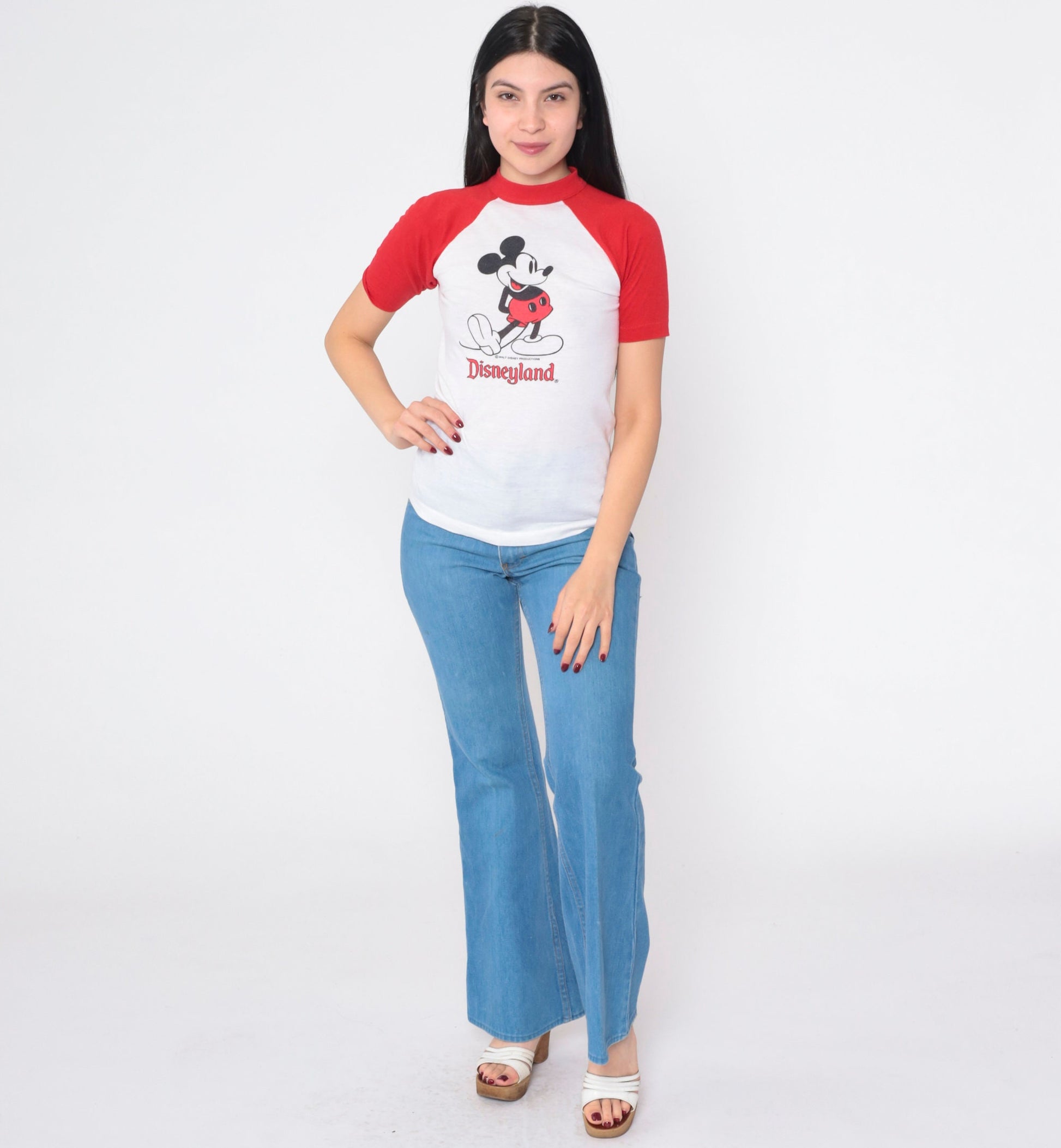80s Disneyland Mickey Mouse Raglan T-Shirt White Red Graphic Cotton Extra Small XS