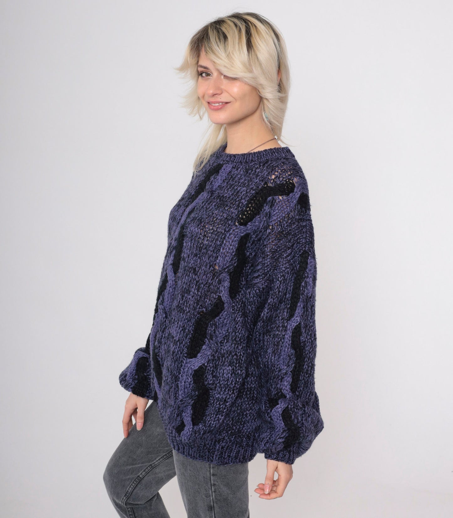90s Purple Cable Knit Sweater Black Flecked Crewneck Pullover Men's Large L