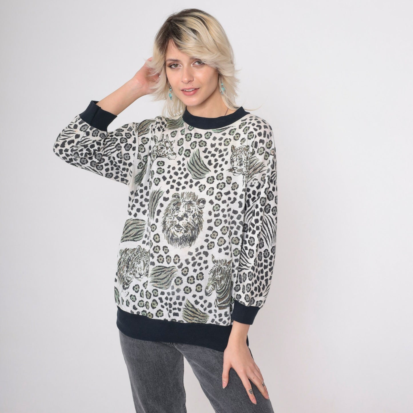 80s Glitter Jungle Animal Print Blouse Lion Tiger Zebra Leopard Medium