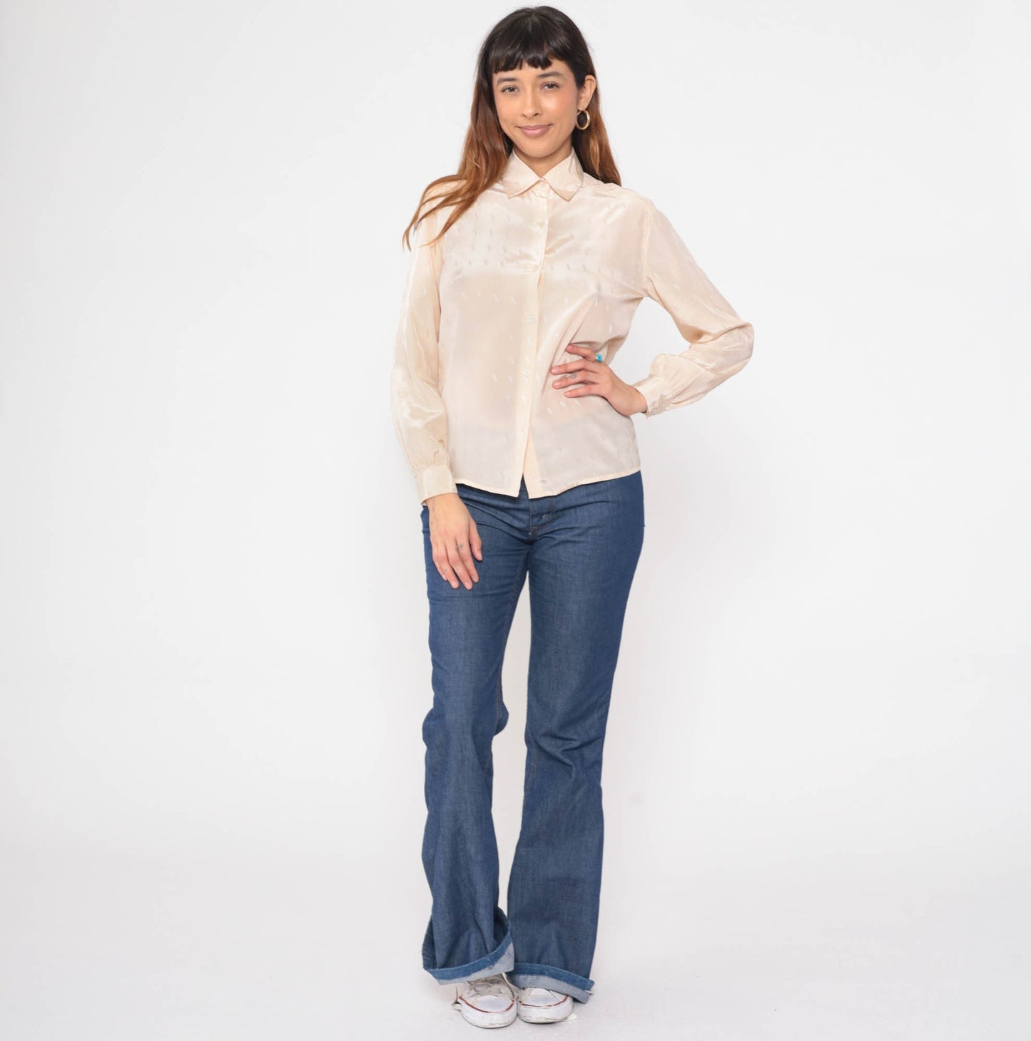 80s Cream Embossed Geometric Button-Up Blouse Long Sleeve Collared Shirt Small