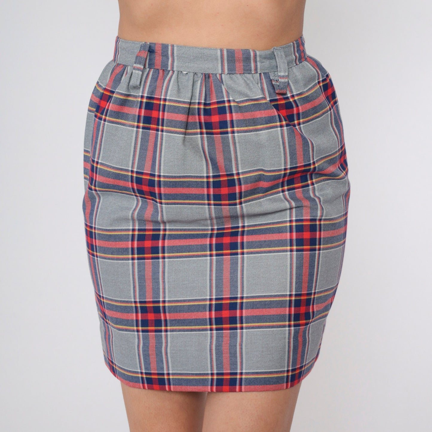 70s Grey Plaid Mini Skirt High Waist Straight Tartan Small