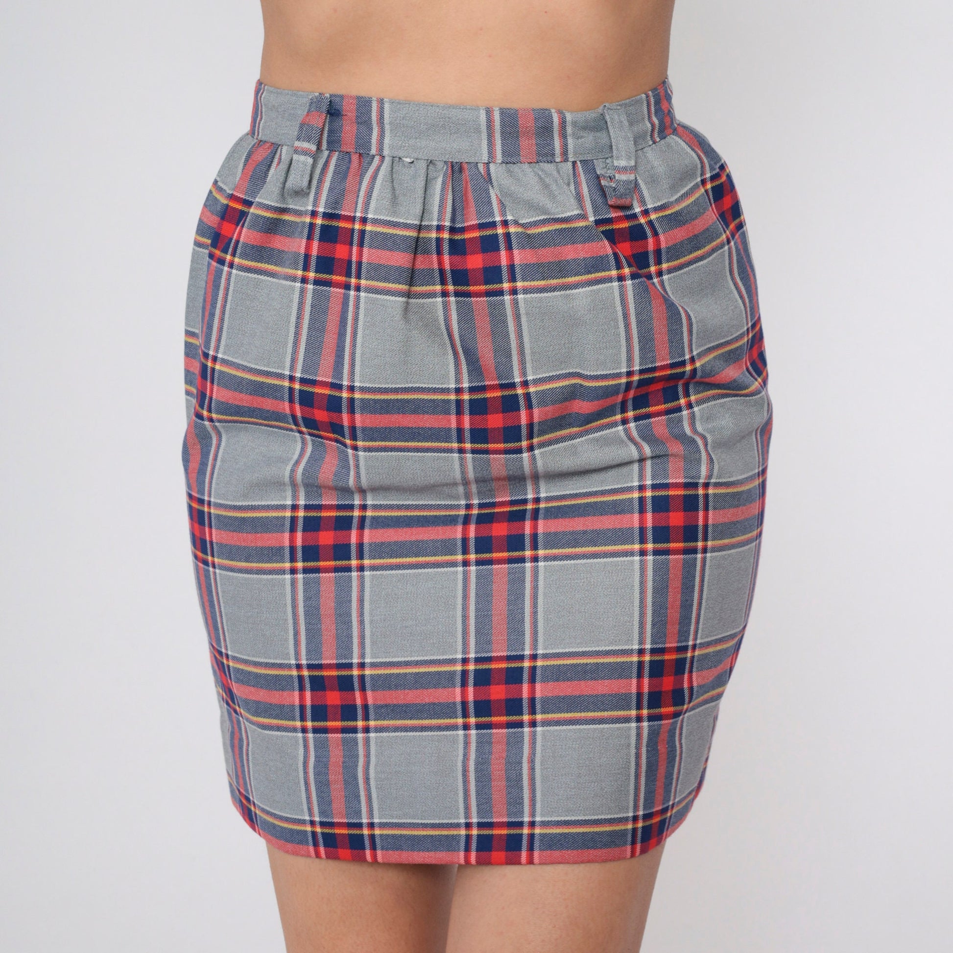 70s Grey Plaid Mini Skirt High Waist Straight Tartan Small