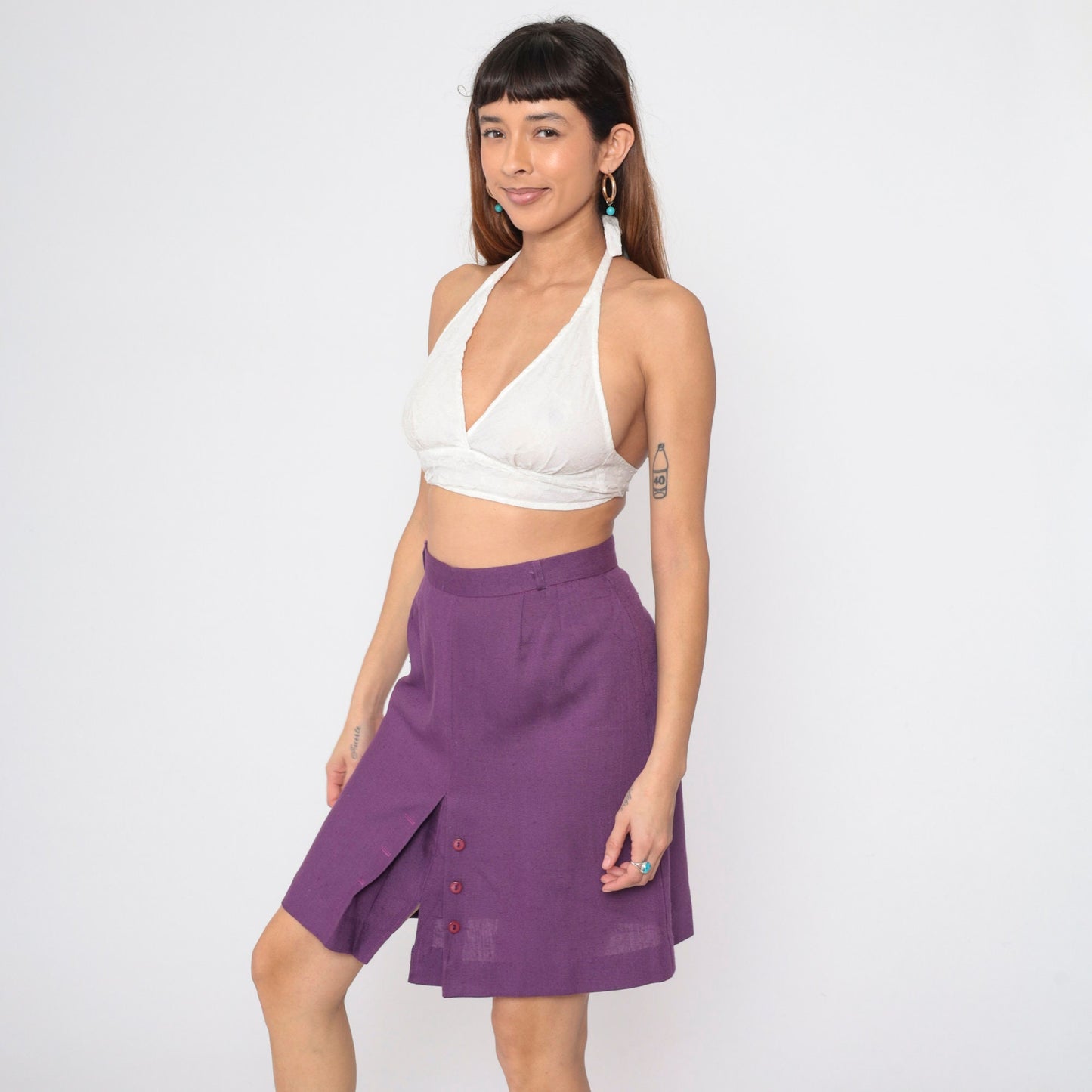 80s Purple Pencil Skirt High Waist Pleated Button Front Mini Medium