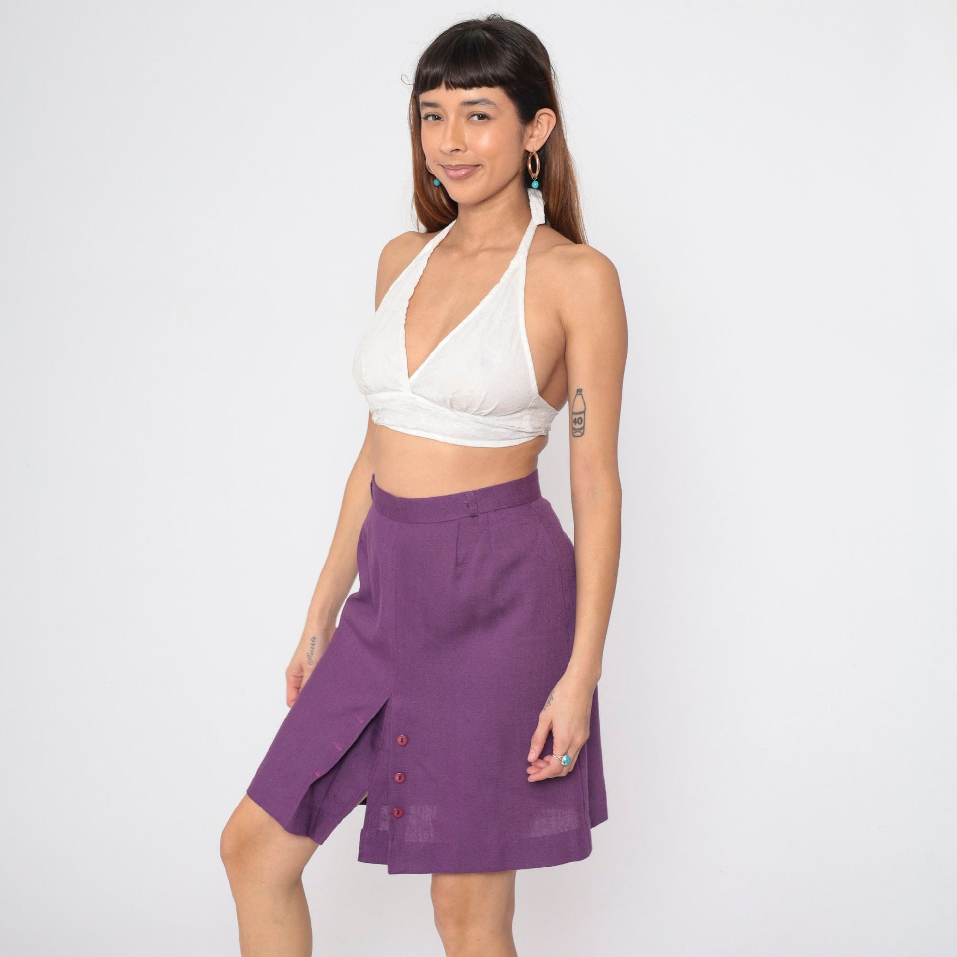 80s Purple Pencil Skirt High Waist Pleated Button Front Mini Medium