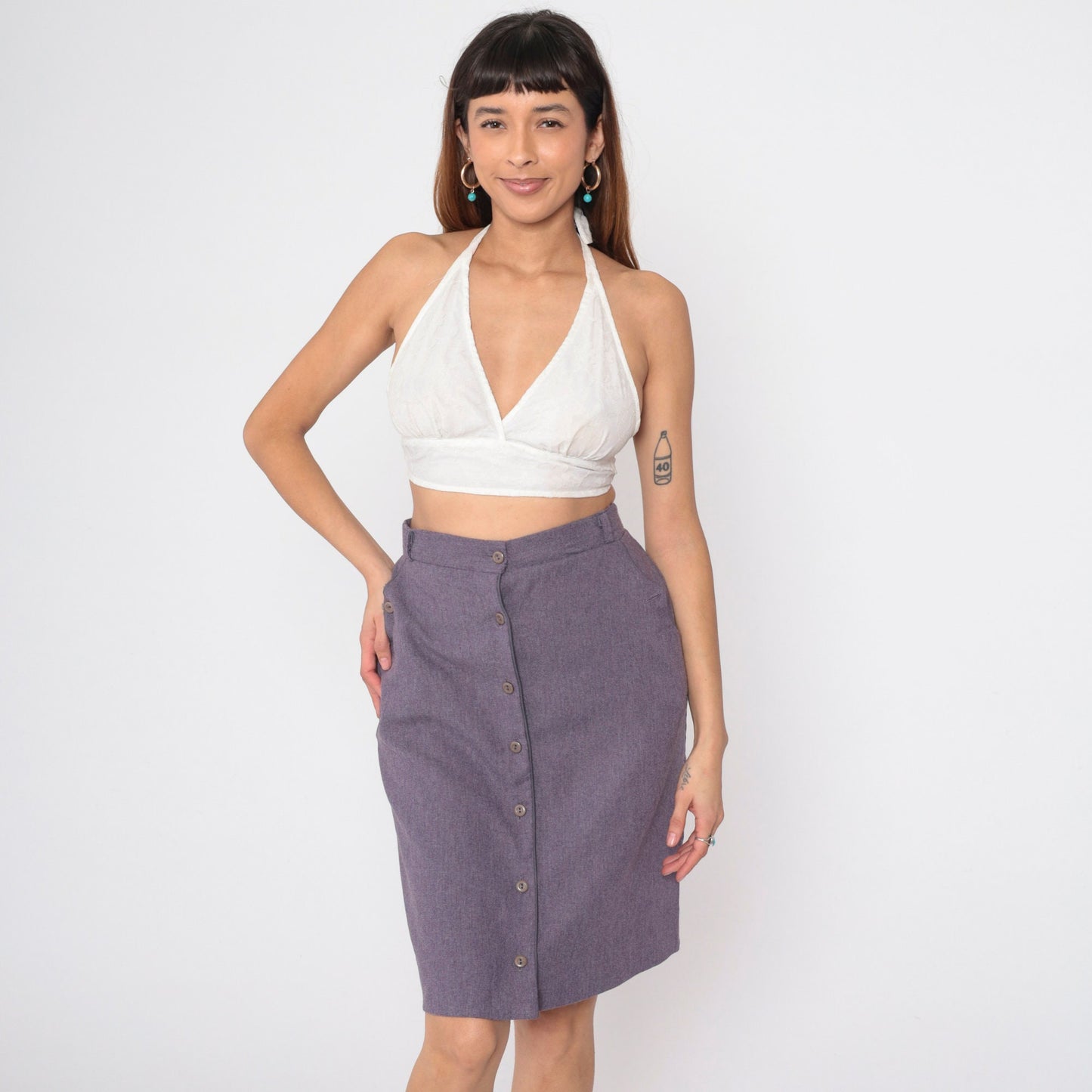 80s Purple Button-Front Pencil Skirt High Waist Knee Length Medium