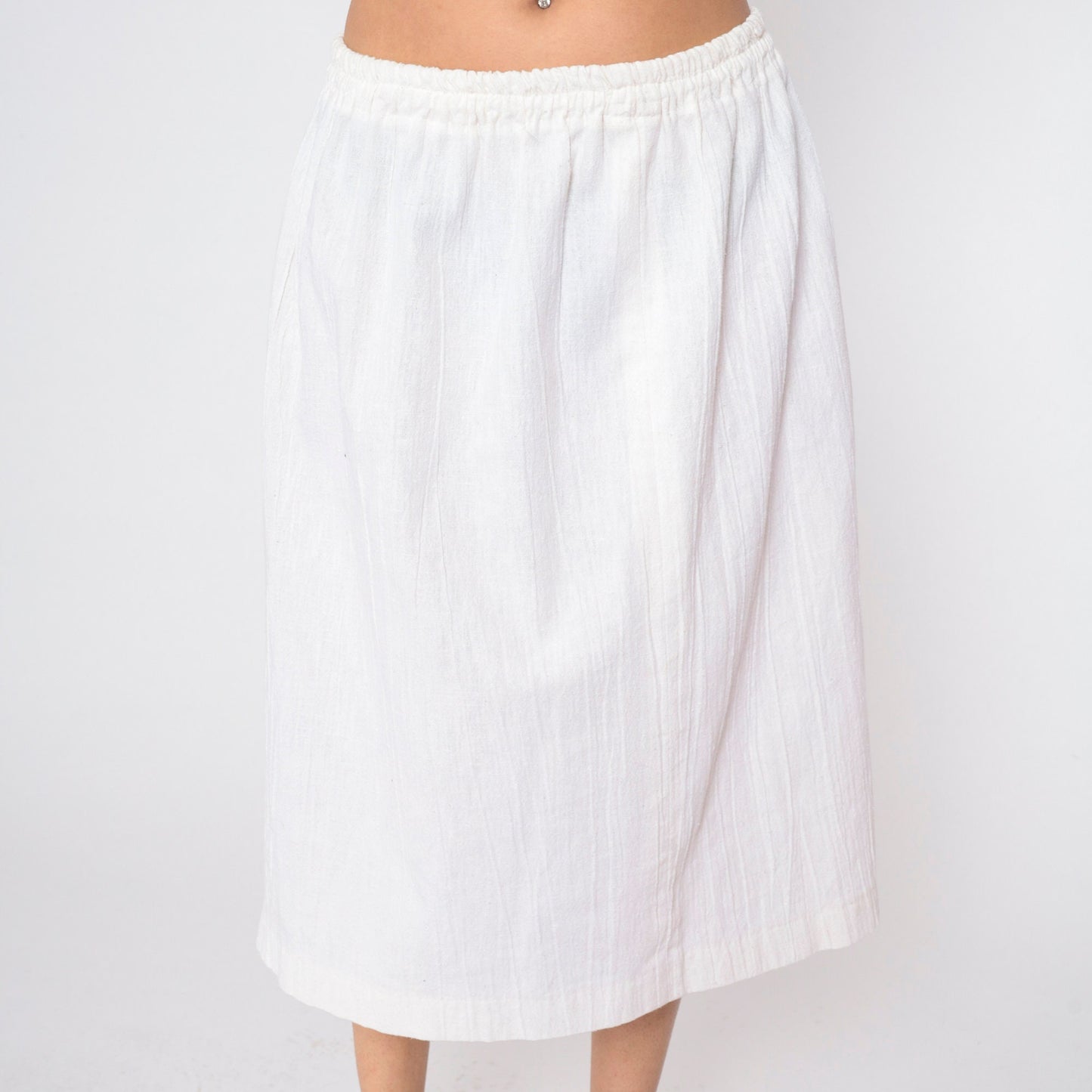 90s White Gauze Midi Skirt High Elastic Waist Crinkled Medium Large