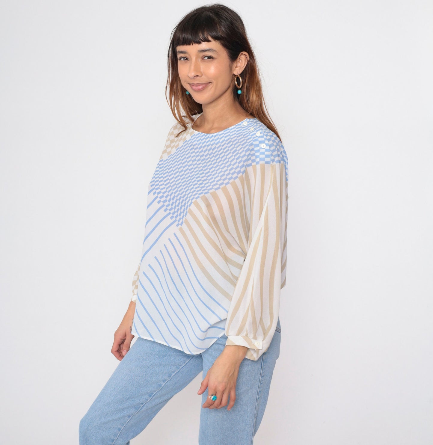 80s Frankenwalder Sheer Checkered Striped Blouse Long Sleeve Button Shoulder Blue White Taupe Extra Large