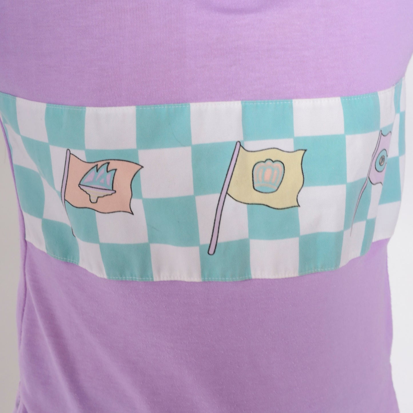 80s Purple Checkered Flag Graphic Polo Shirt Long Sleeve XXS
