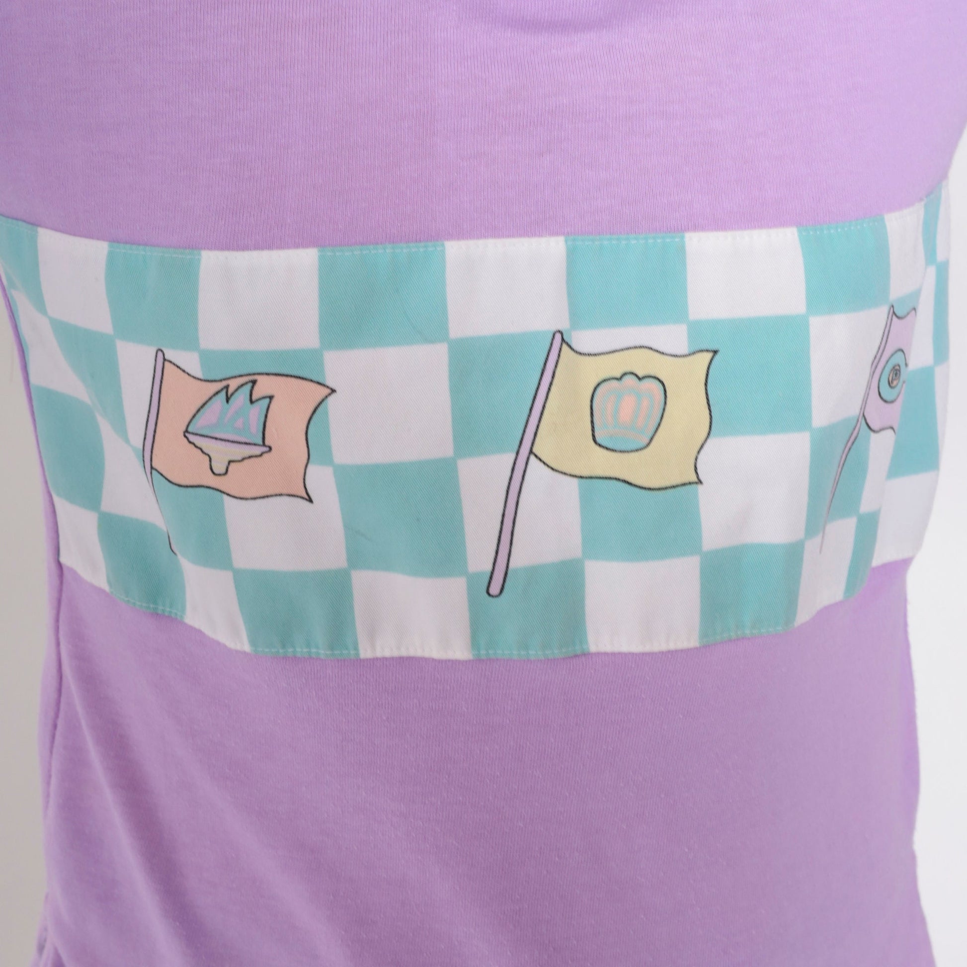 80s Purple Checkered Flag Graphic Polo Shirt Long Sleeve XXS