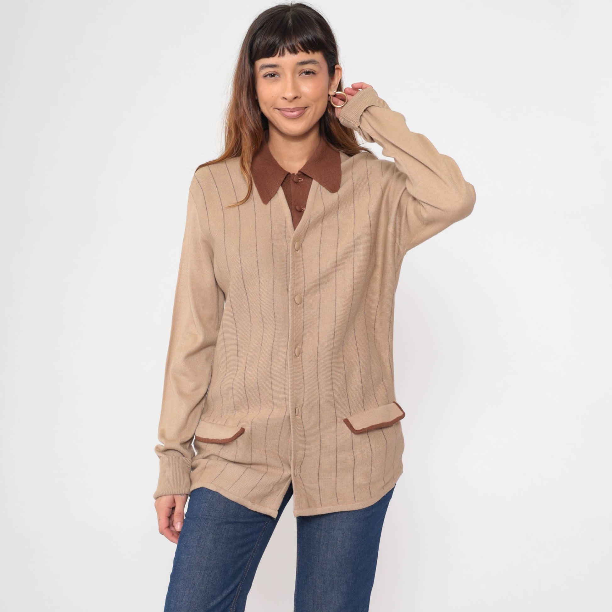 70s Berchielli Striped Cardigan Tan Brown Collared Button-Up Knit Medium