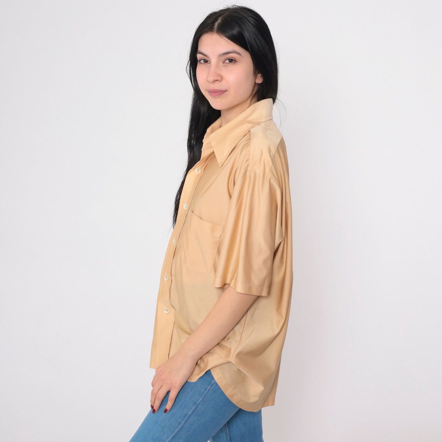 70s Ohrbach's Tan Nylon Button-Up Shirt Pointed Collar Short Sleeve Large