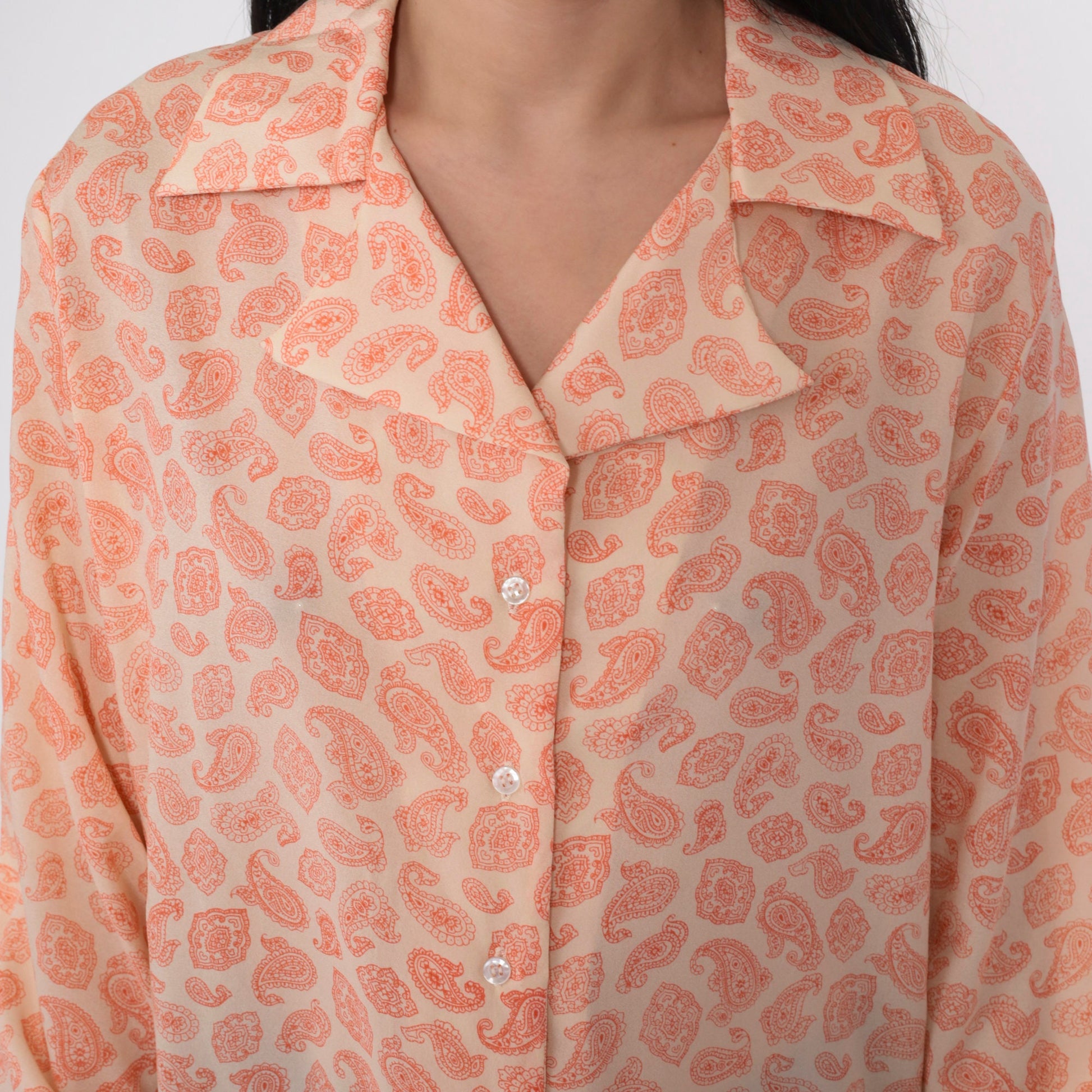 70s Paisley Button-Up Blouse Long Sleeve Notched Collar Disco Print Large L