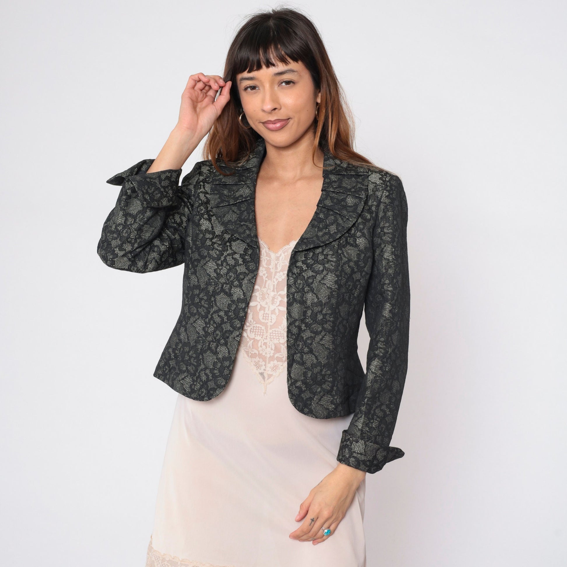 80s Le Suit Floral Lace Cropped Blazer Grey Pleated Collar Medium