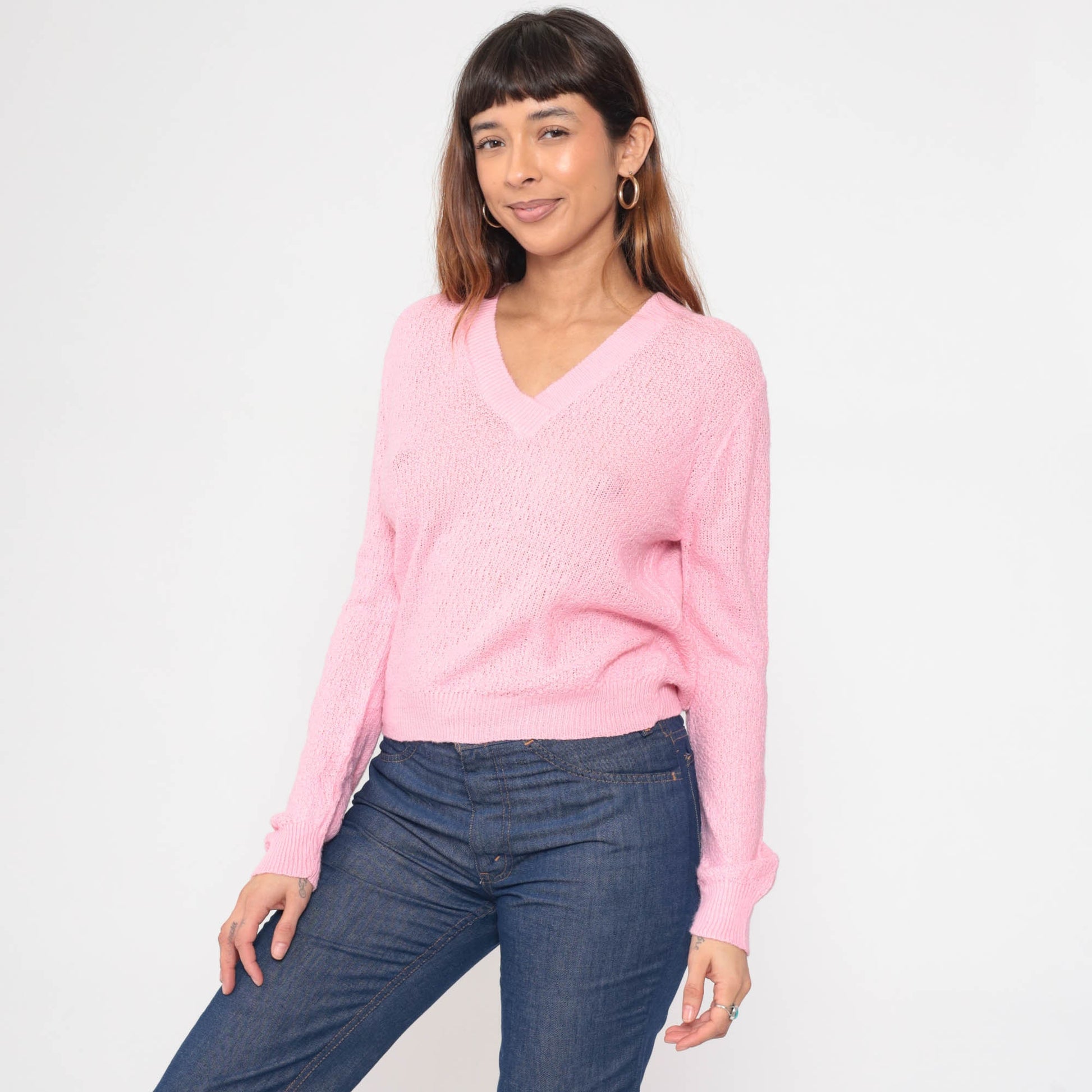 80s Bel Ami Pink V-Neck Knit Sweater Semi-Sheer Pullover Small