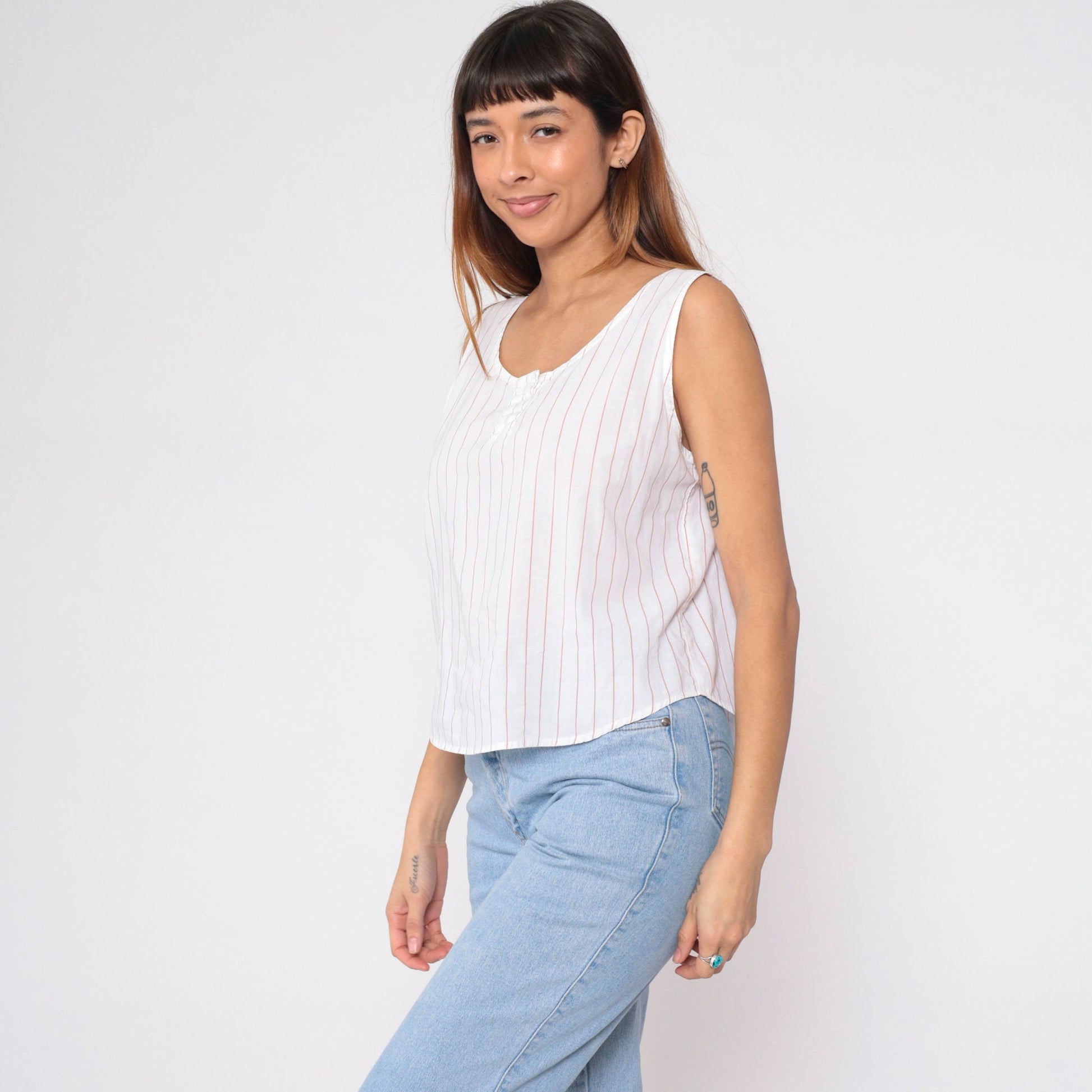 80s Striped Henley Tank Top White Tan Button-Up Scoop Neck Cotton Medium