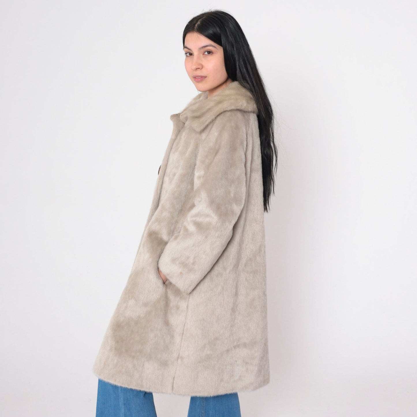 60s Tan Faux Fur Coat Real Fur Collar Button Front Medium
