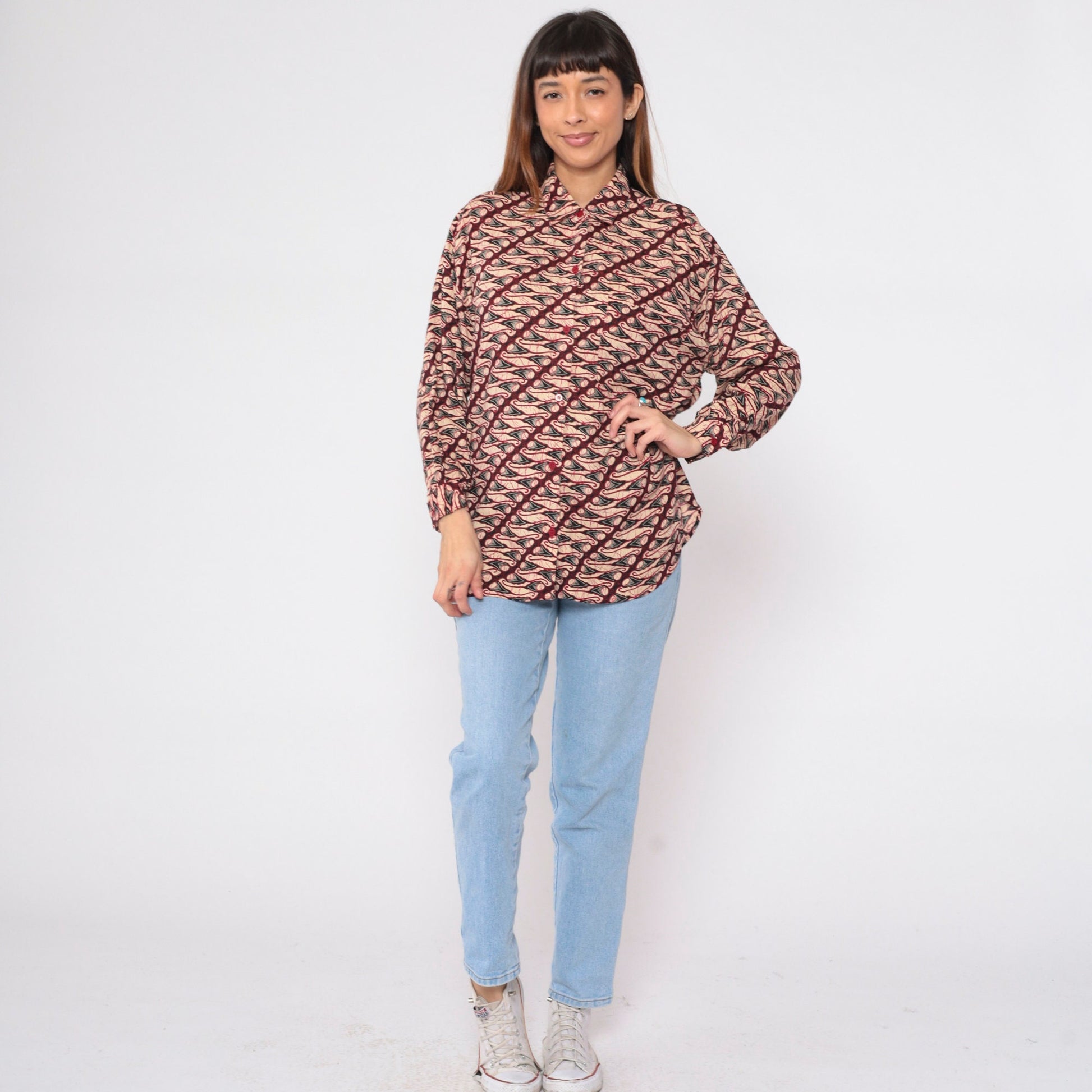 90s Geometric Abstract Button Up Blouse Red Tan Patterned Medium