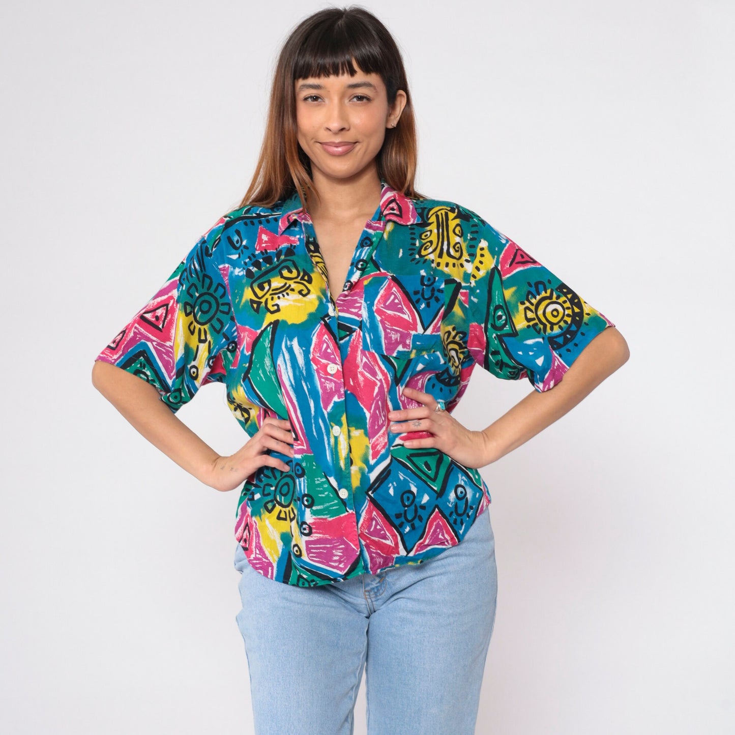 90s Blue Rose Geometric Celestial Print Button Up Shirt Large