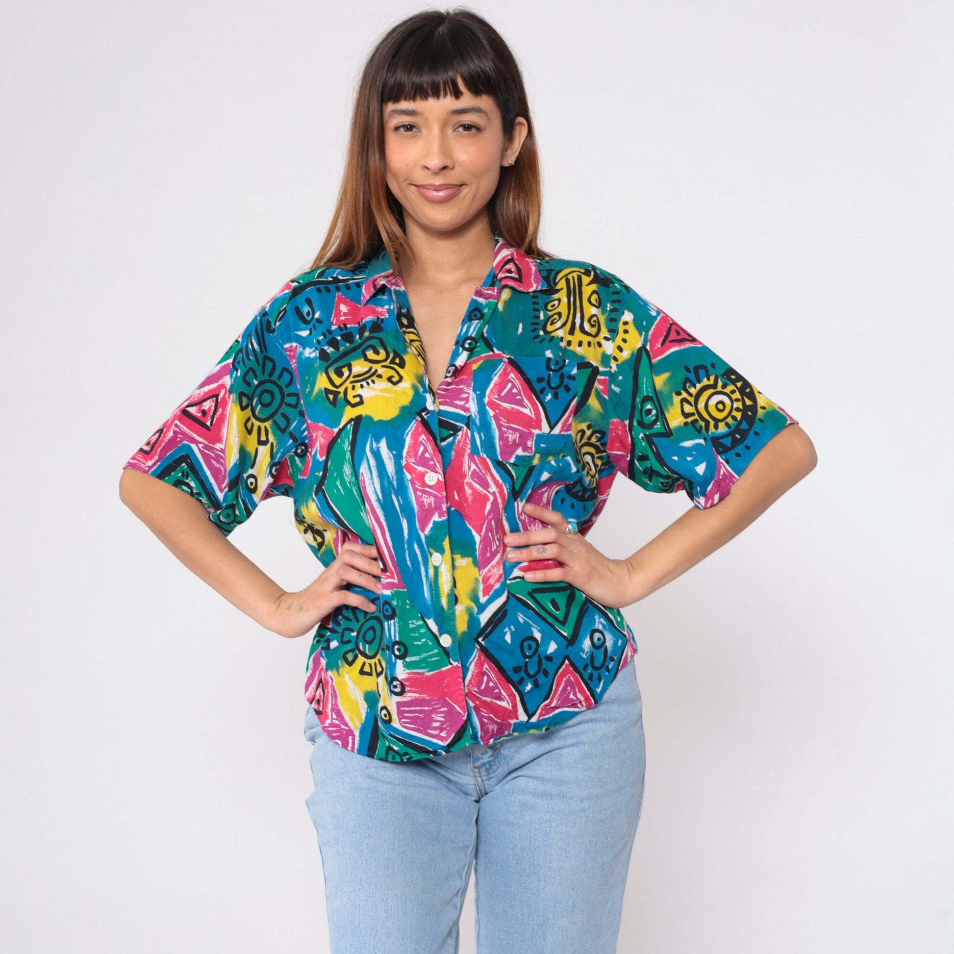90s Blue Rose Geometric Celestial Print Button Up Shirt Large