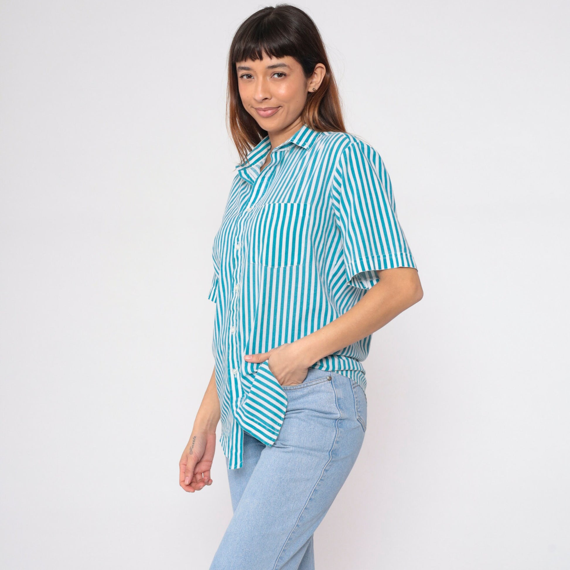 90s Blue White Striped Oxford Button-Up Shirt Short Sleeve Men's Medium