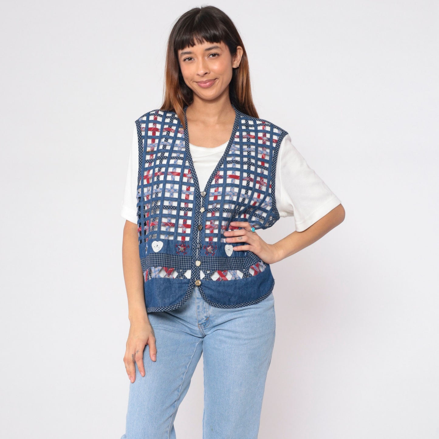 90s Koret City Blues Checkered Vest Blouse White Cotton Button Up Extra Large XXL