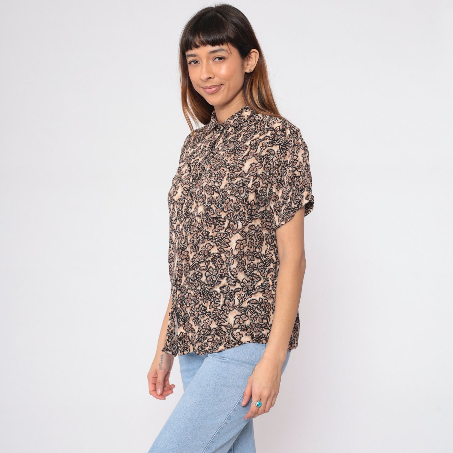 90s Floral Blouse Brown Tan Flower Print Rayon Button Up Short Sleeve Medium
