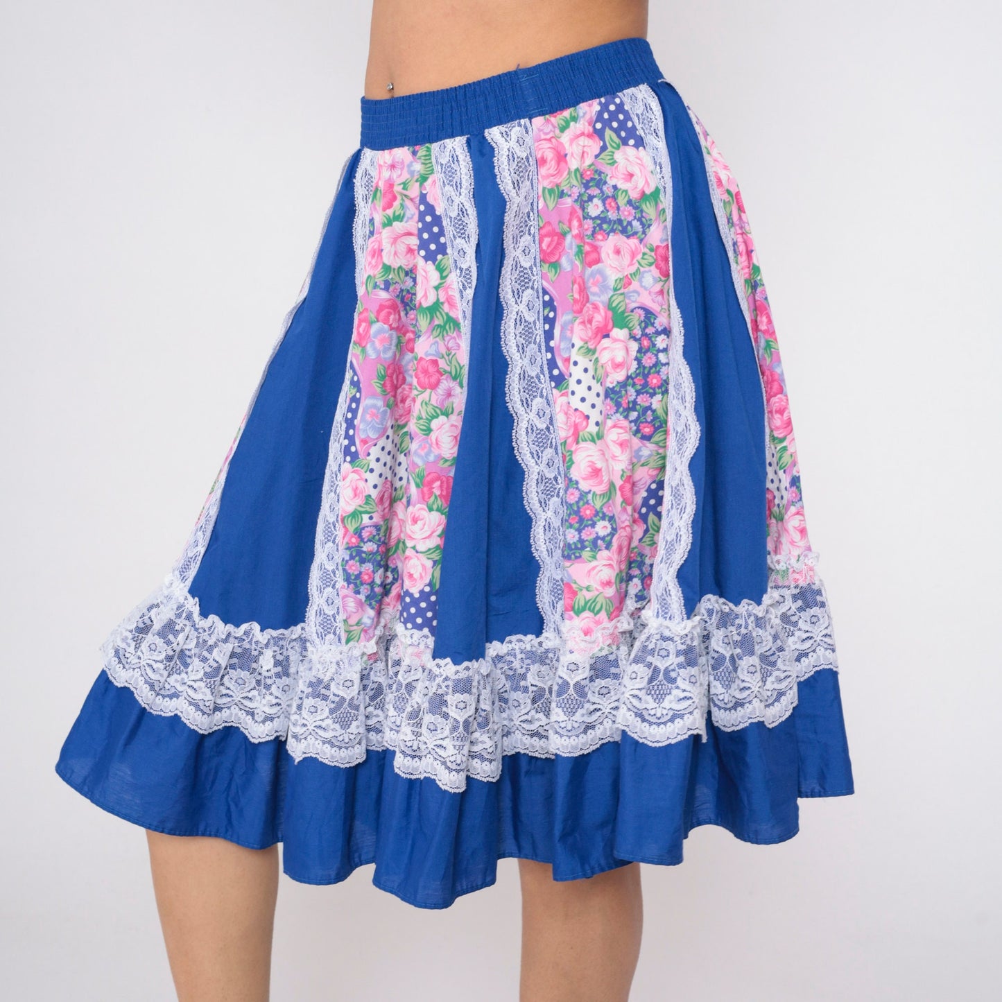 80s Blue Floral Prairie Skirt High Waist Tiered Lace Trim Mini Small