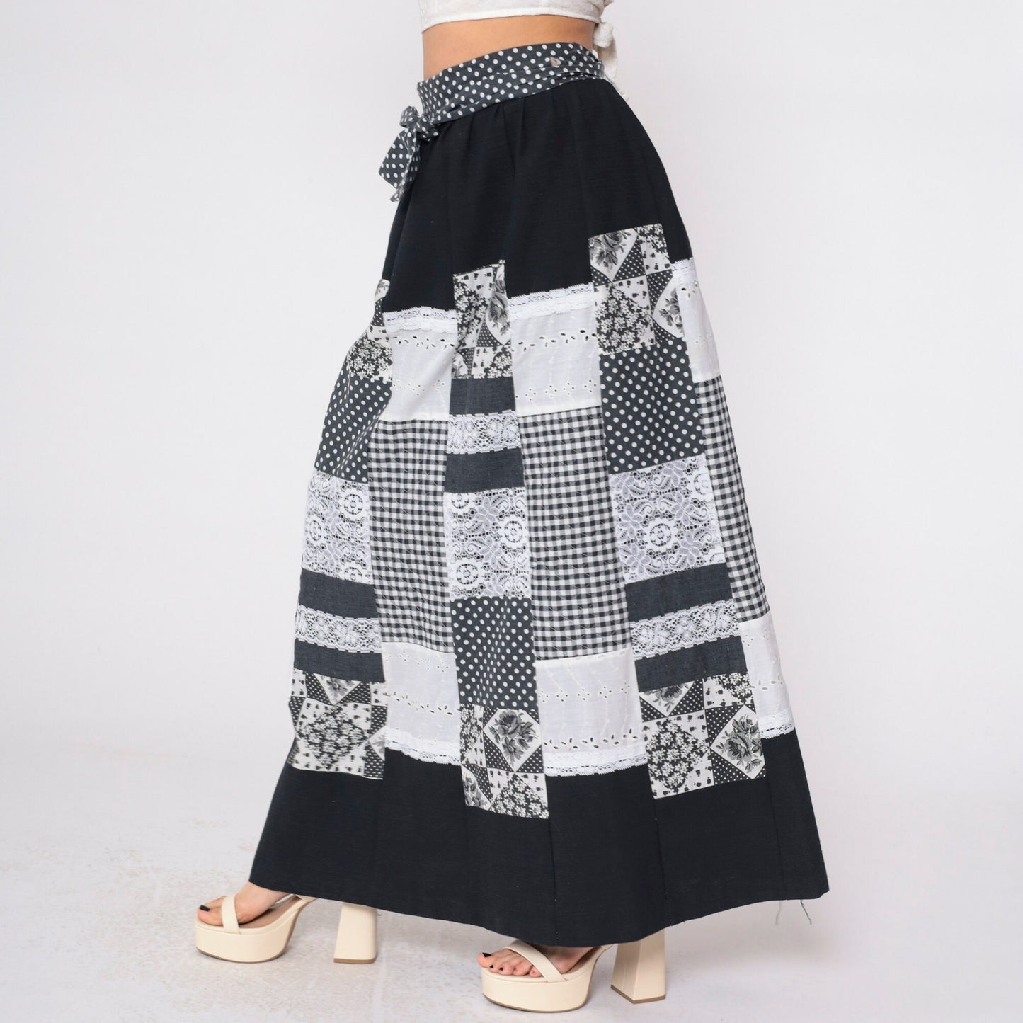 70s Patchwork Wrap Skirt Black White Maxi Eyelet Lace Gingham Polka Dot Medium Large