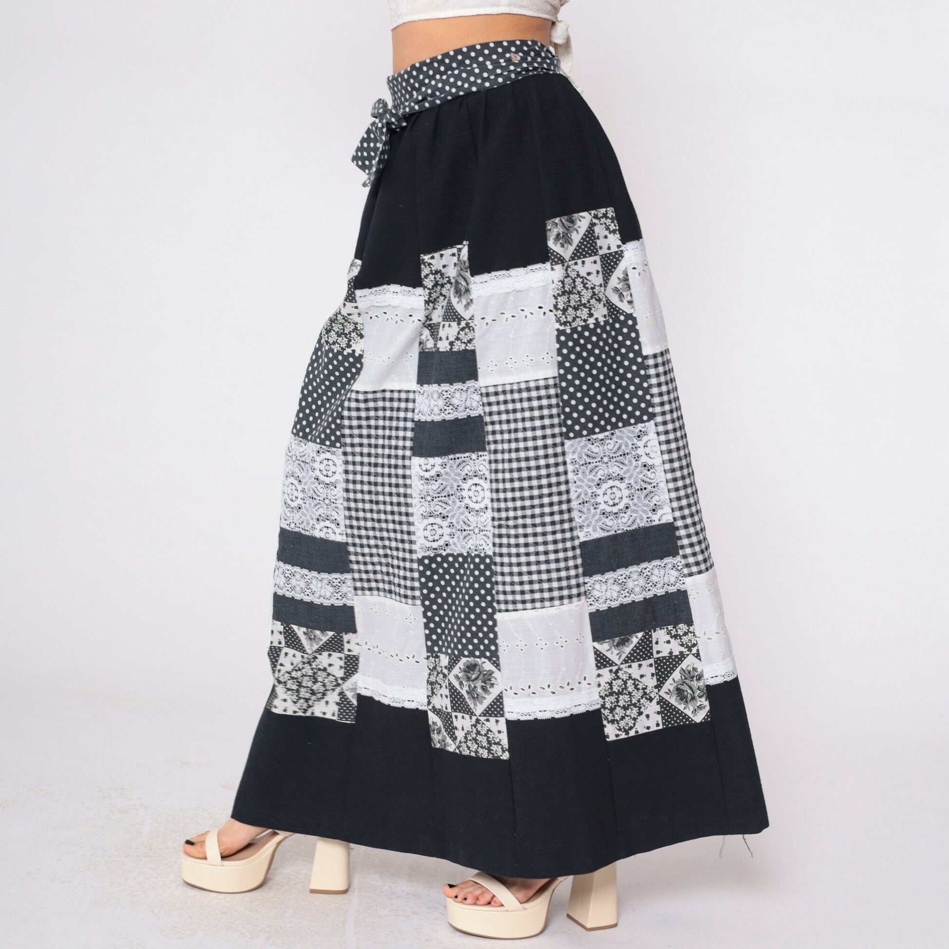 70s Patchwork Wrap Skirt Black White Maxi Eyelet Lace Gingham Polka Dot Medium Large