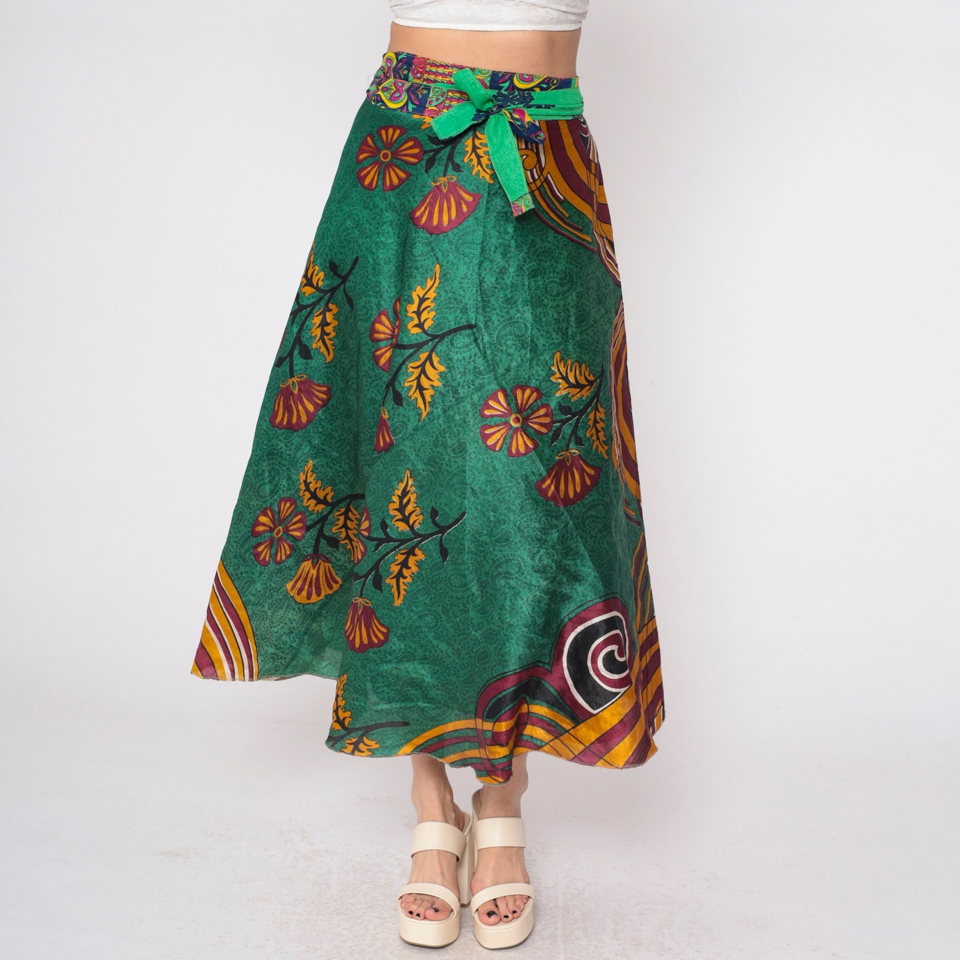 Y2K Reversible Wrap Midi Skirt Green Floral Paisley Print 00s Small Medium Large