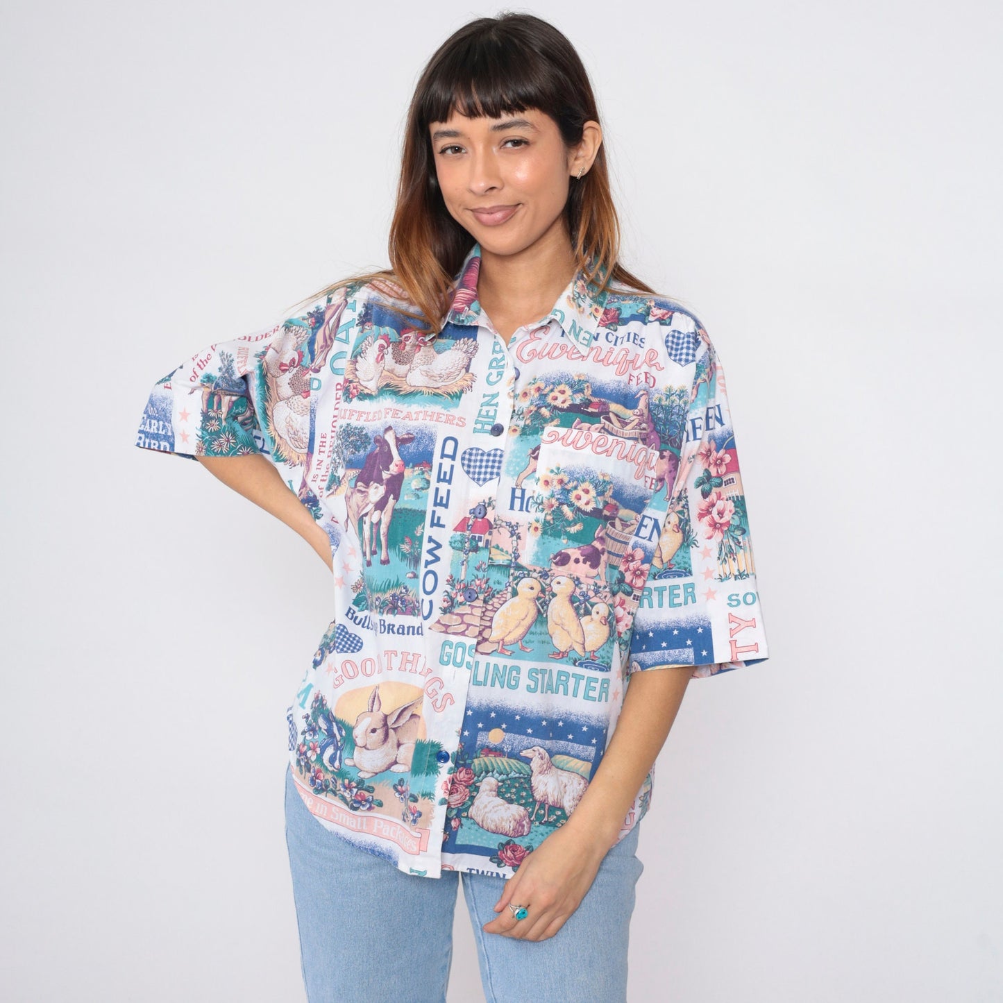 90s Farm Animal Print Button Up Blouse Cow Duck Bunny Chicken Sheep Medium