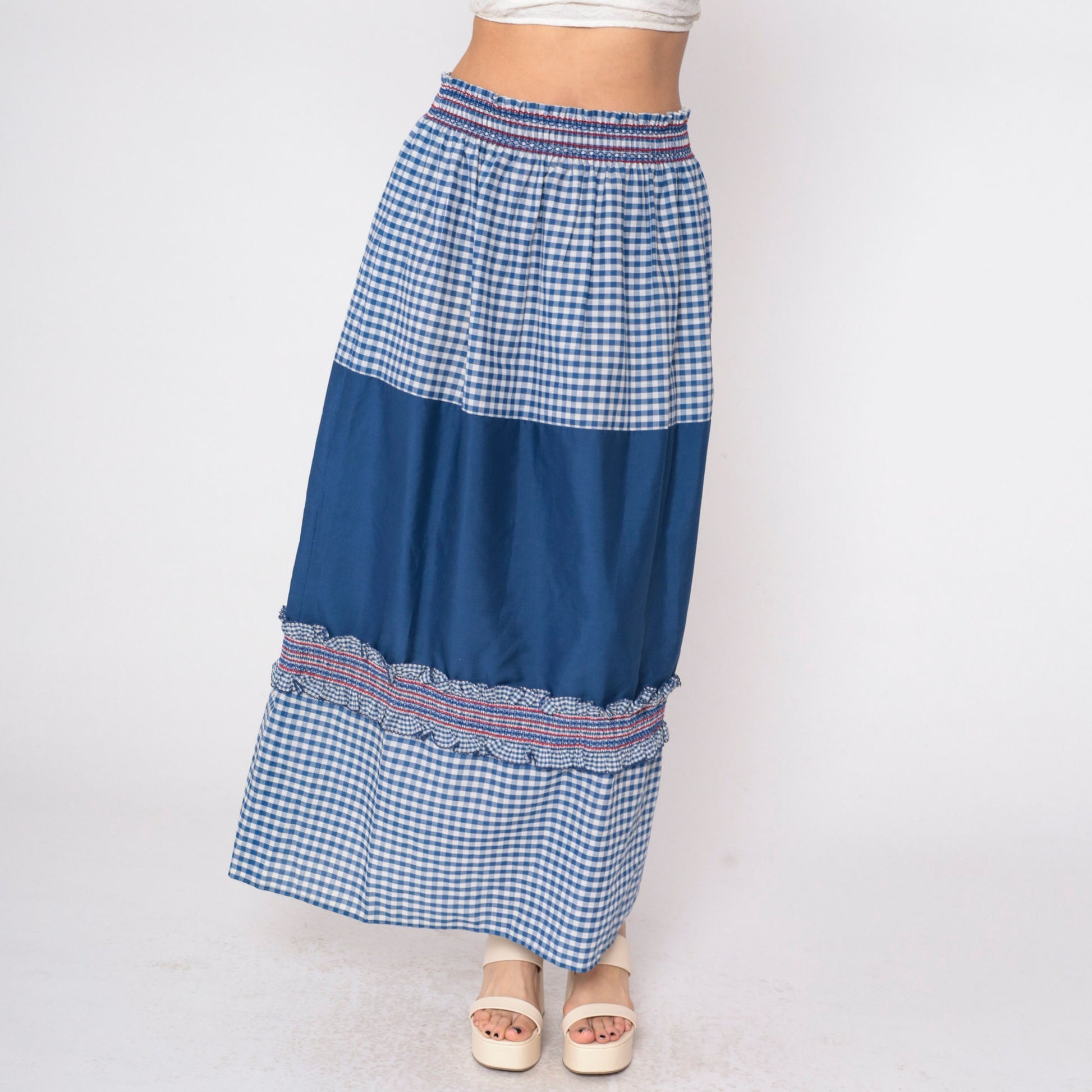 80s Blue Gingham Maxi Skirt High Waist Smocked Ruffled Patchwork Medium Large