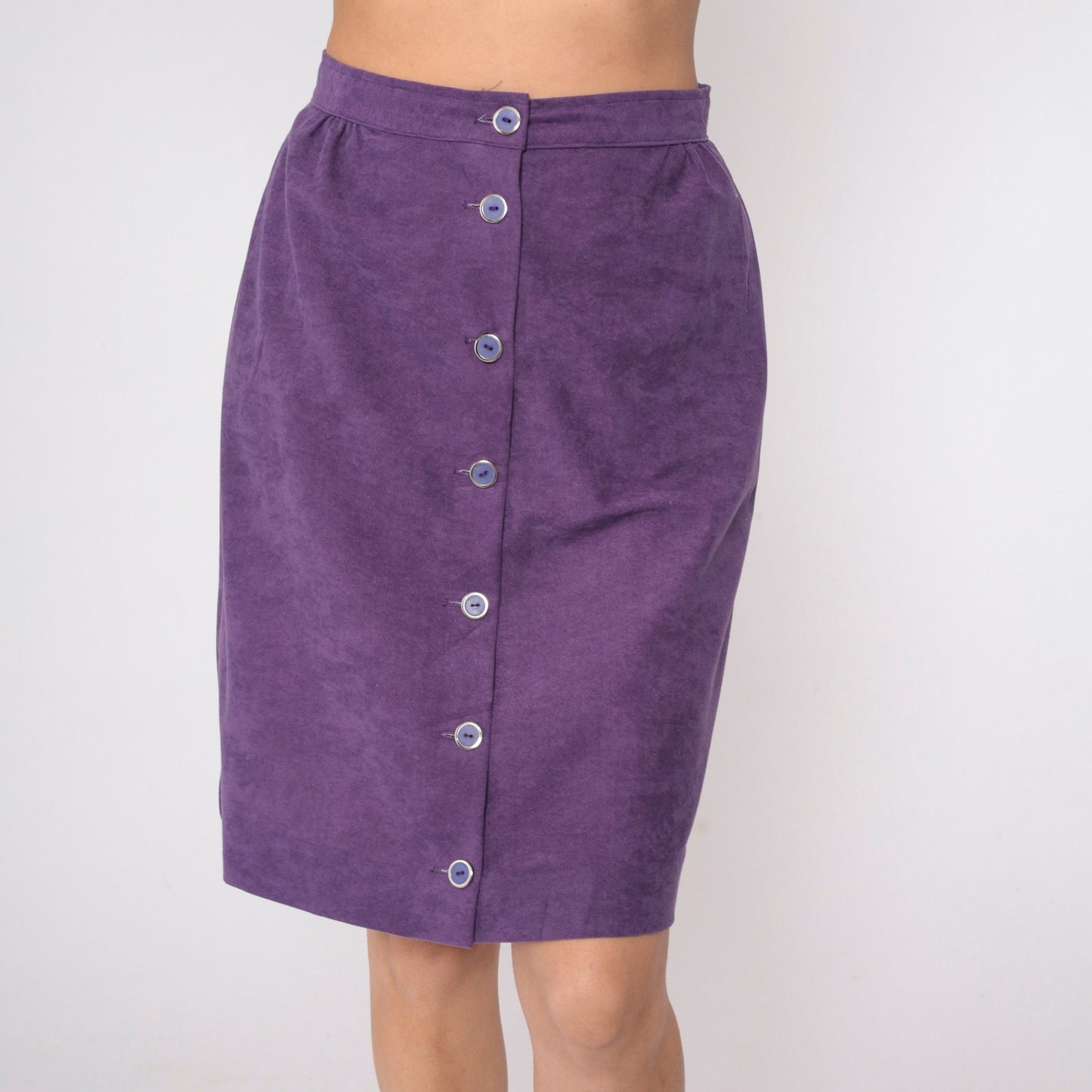 80s Purple Mini Skirt High Waisted Button Front Pencil Small S