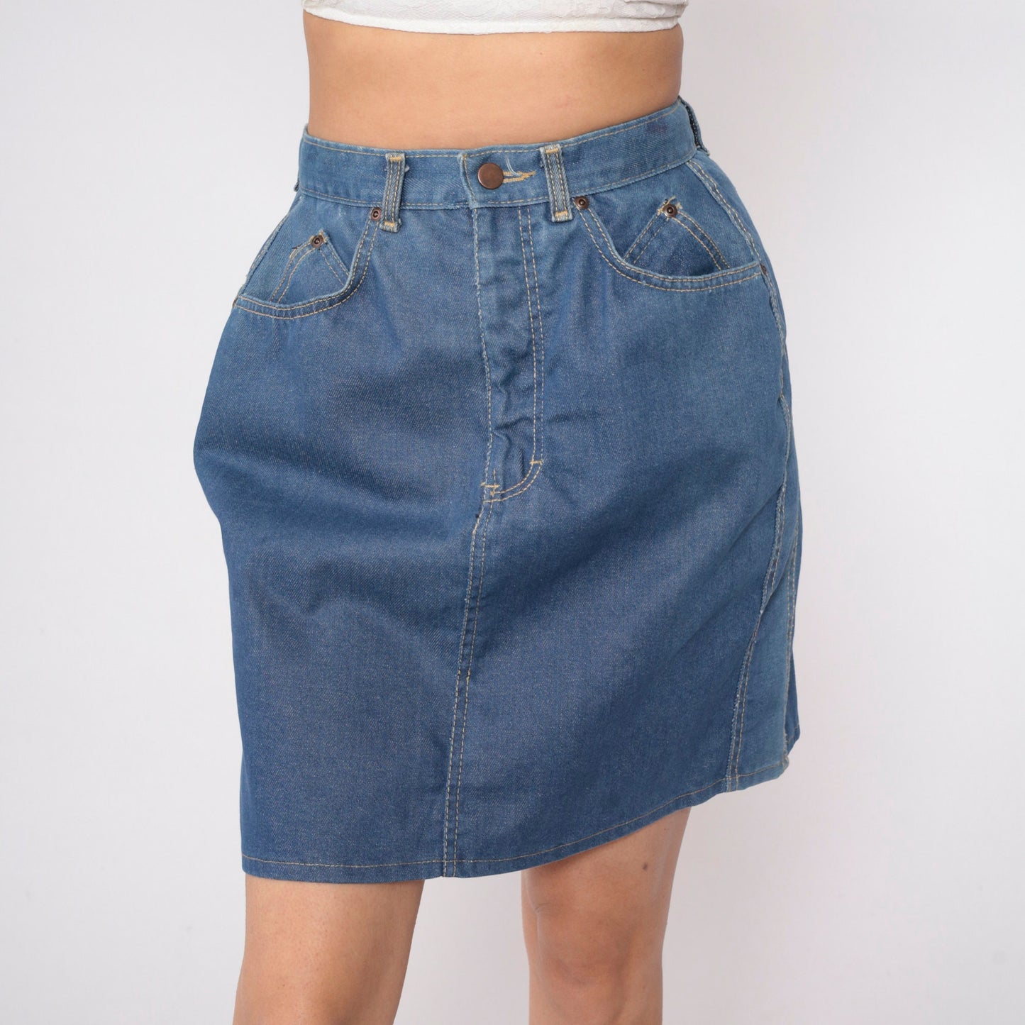 80s Blue Denim Mini Skirt High Waisted Pencil Cut Small S