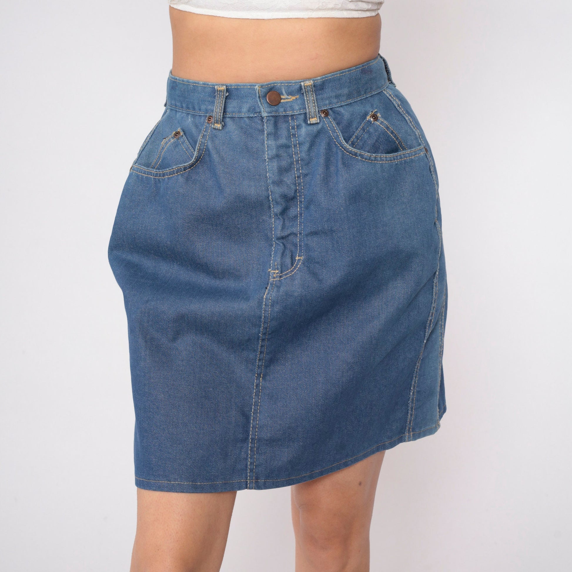 80s Blue Denim Mini Skirt High Waisted Pencil Cut Small S