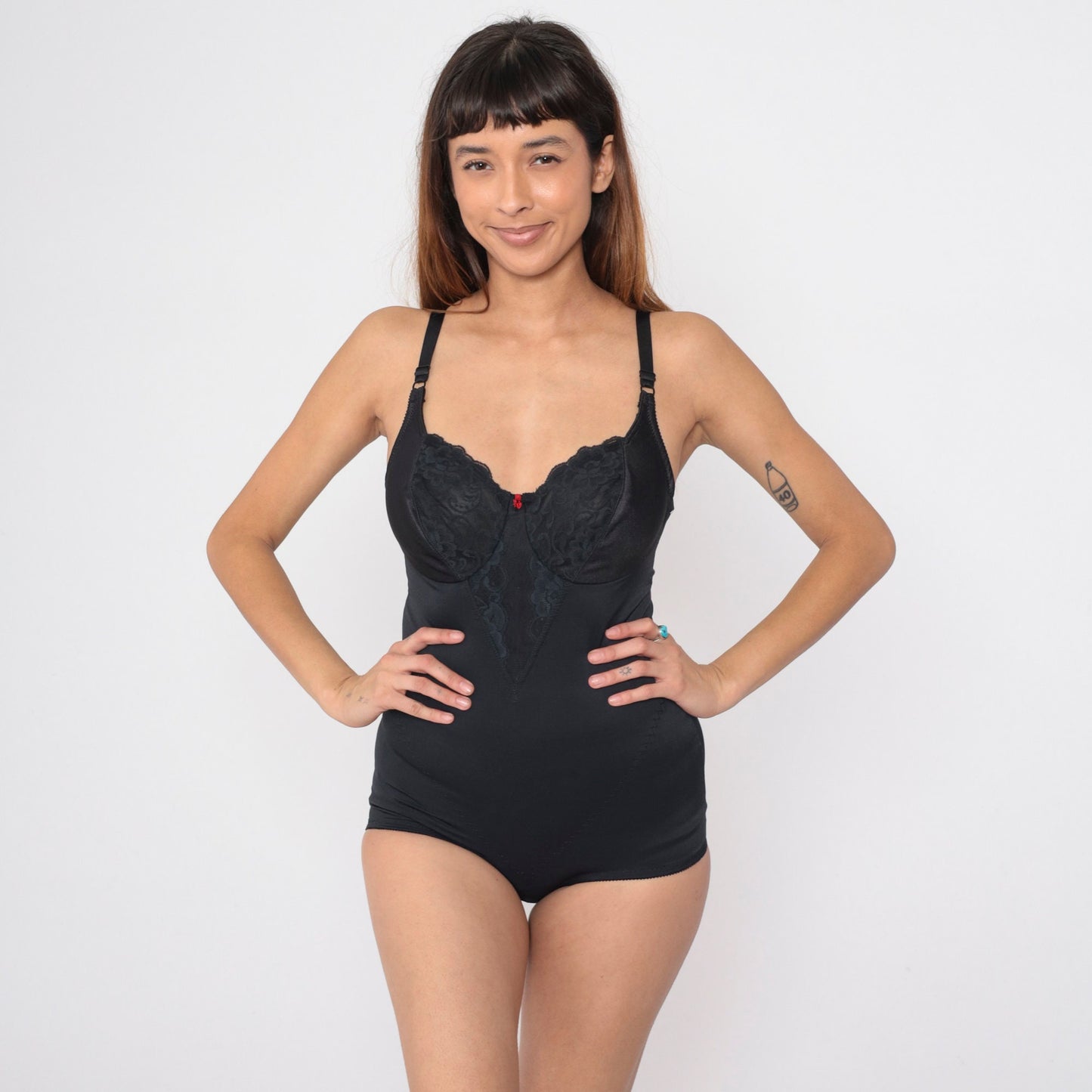 80s Black Lace Shapewear Bodysuit Girdle Underwire Spaghetti Strap 36B