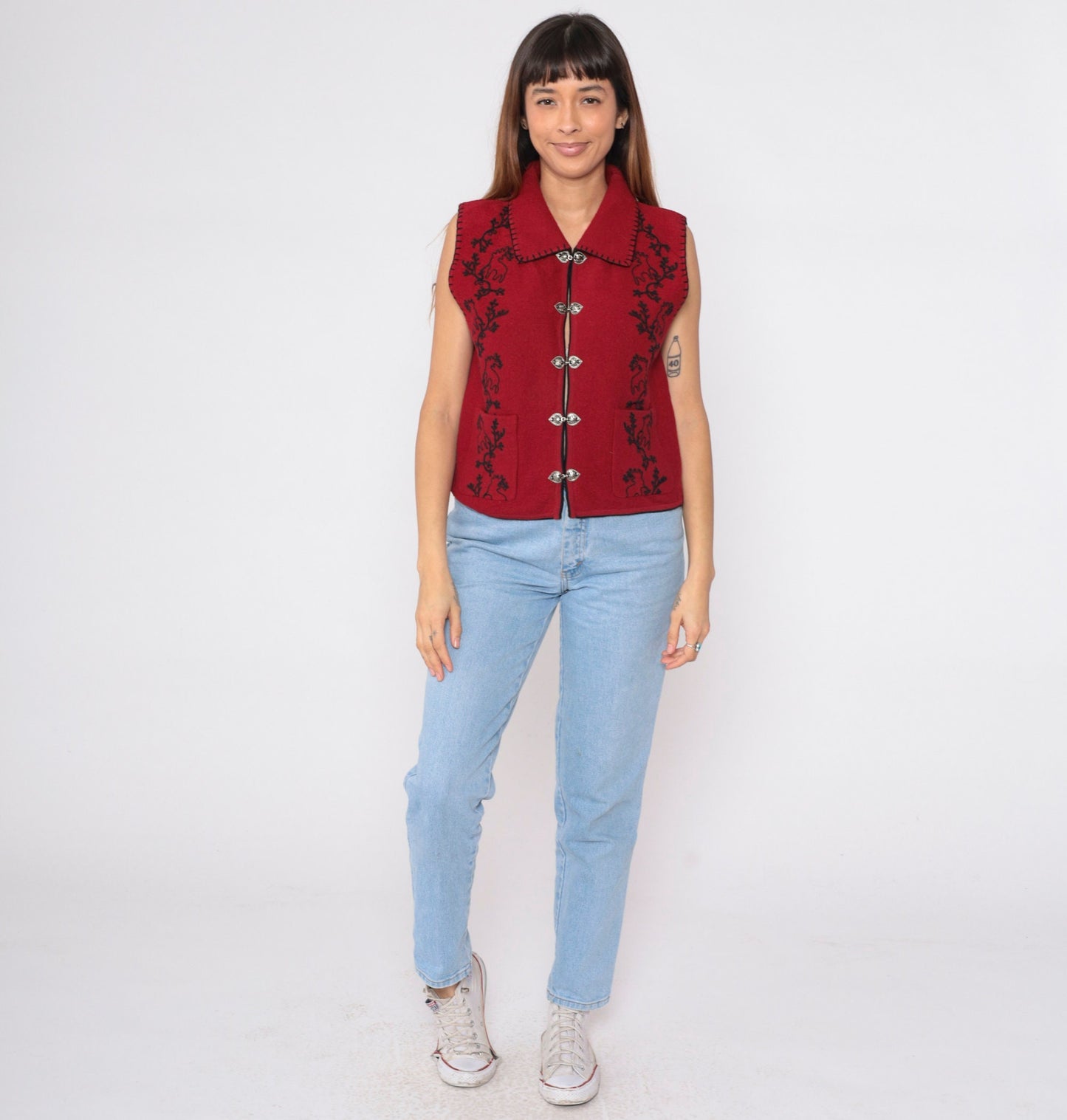 90s Woolrich Moose Wool Vest Red Black Soutache Silver Clasp Medium M