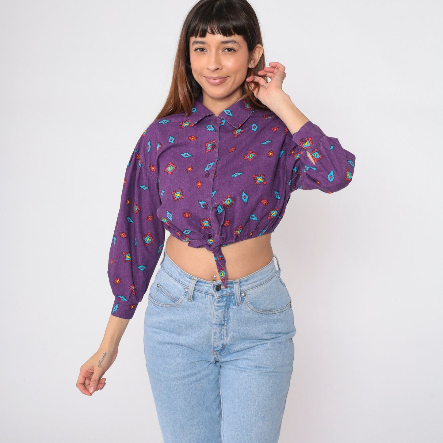 90s Arizona Jean Company Southwestern Crop Top Purple Button-Up Medium
