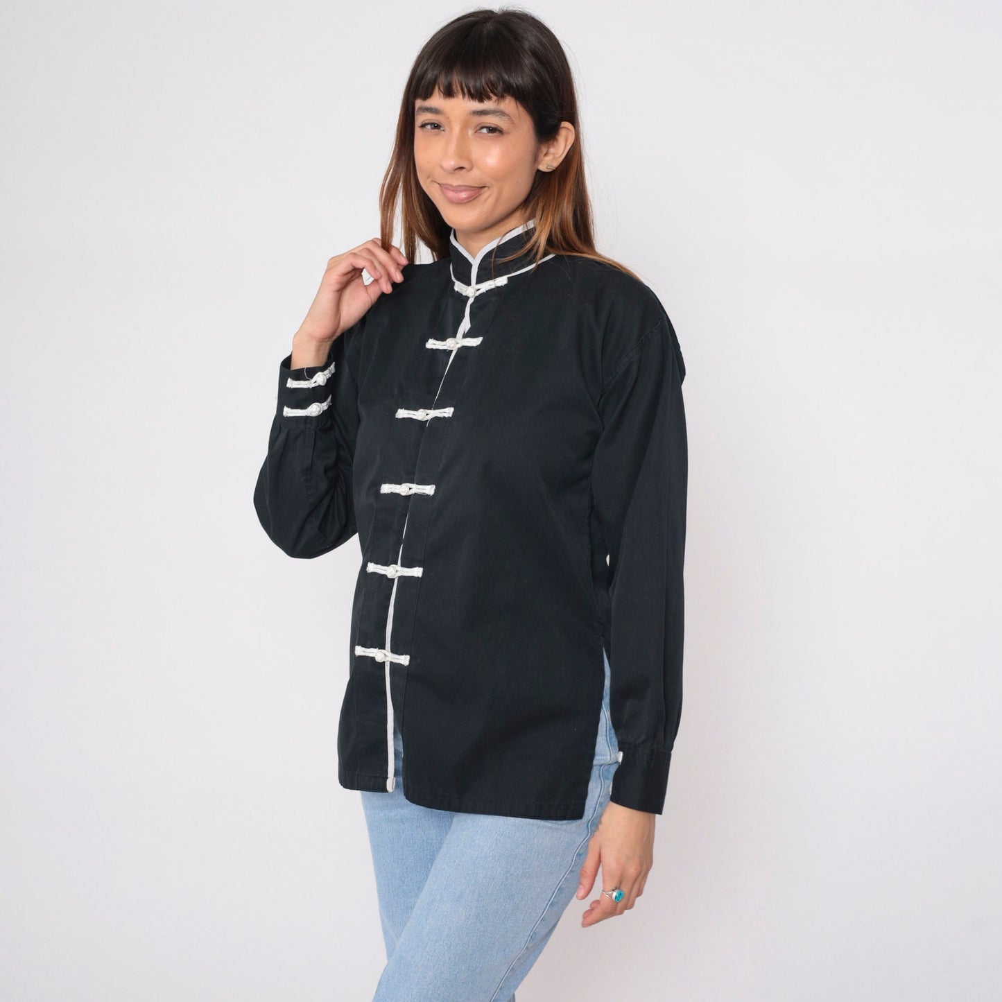 90s Black Button-Up Blouse with White Trim and Frog Knot Closure Small S