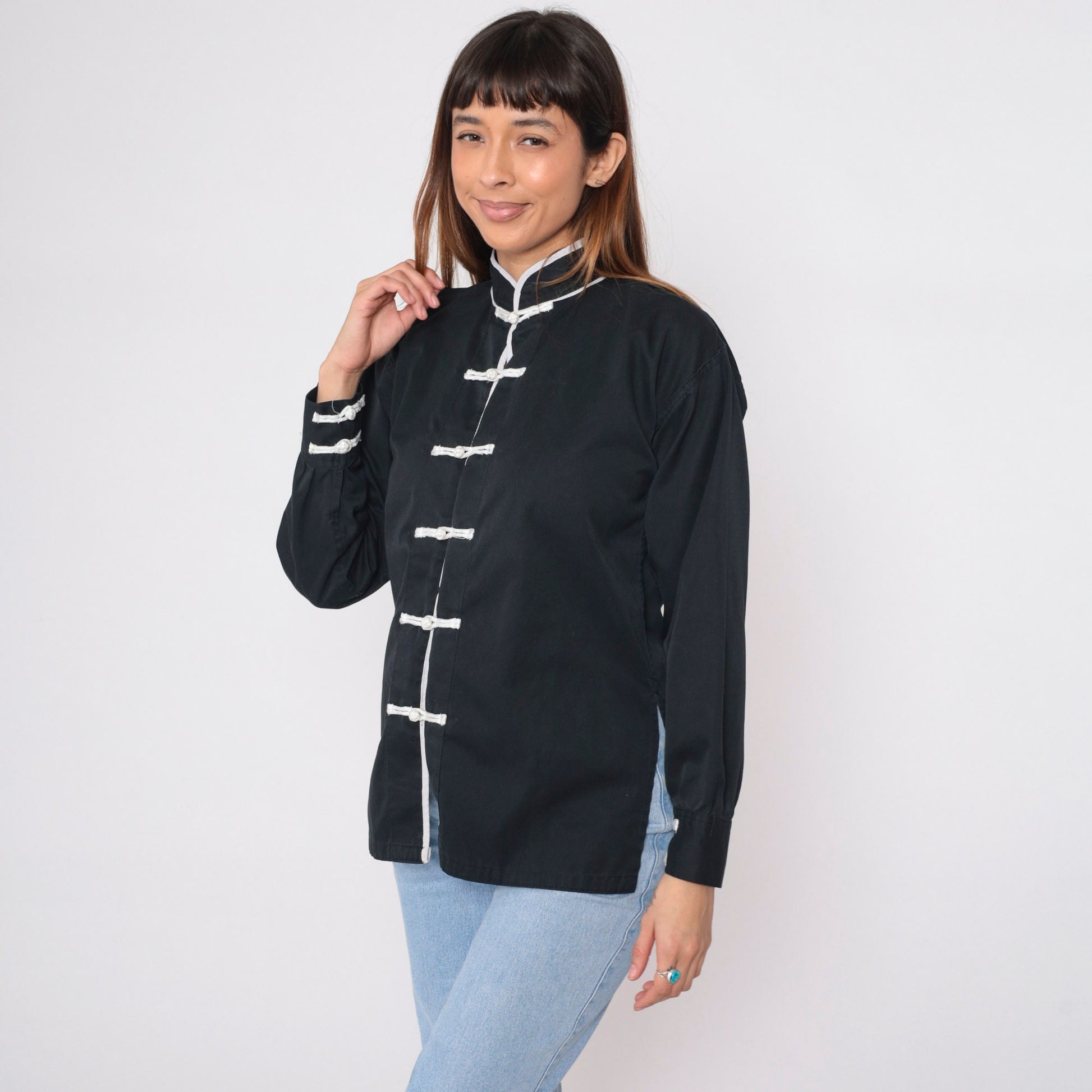 90s Black Button-Up Blouse with White Trim and Frog Knot Closure Small S