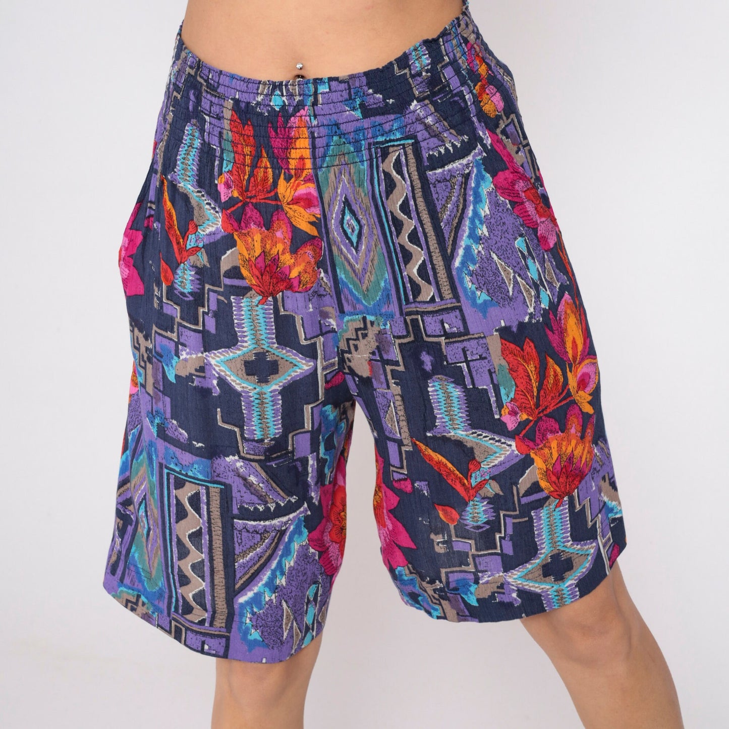 90s Carole Little Abstract Floral Wide Leg Shorts Purple Geometric Print Small