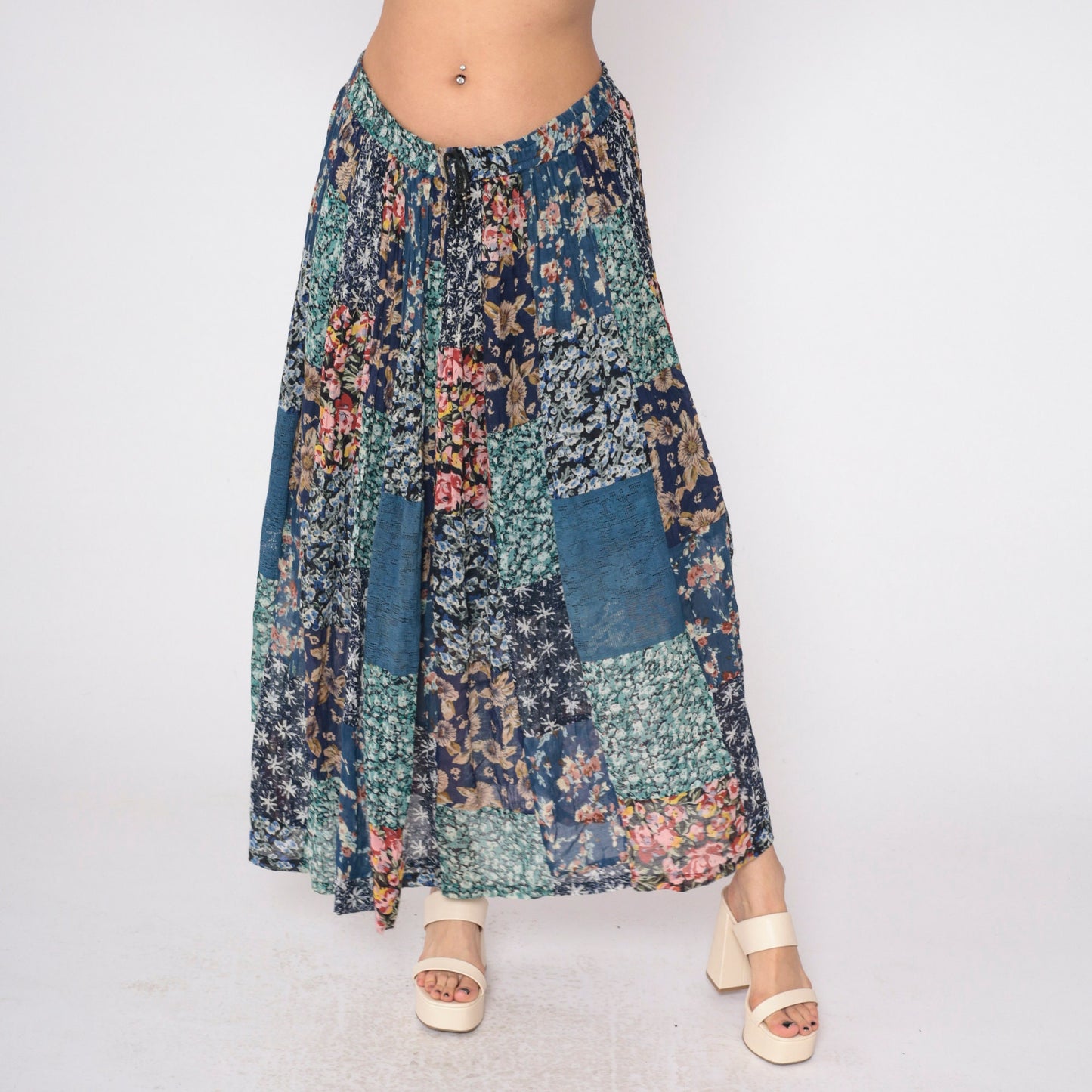 90s Patchwork Floral Maxi Skirt Blue Drawstring Rayon Medium M