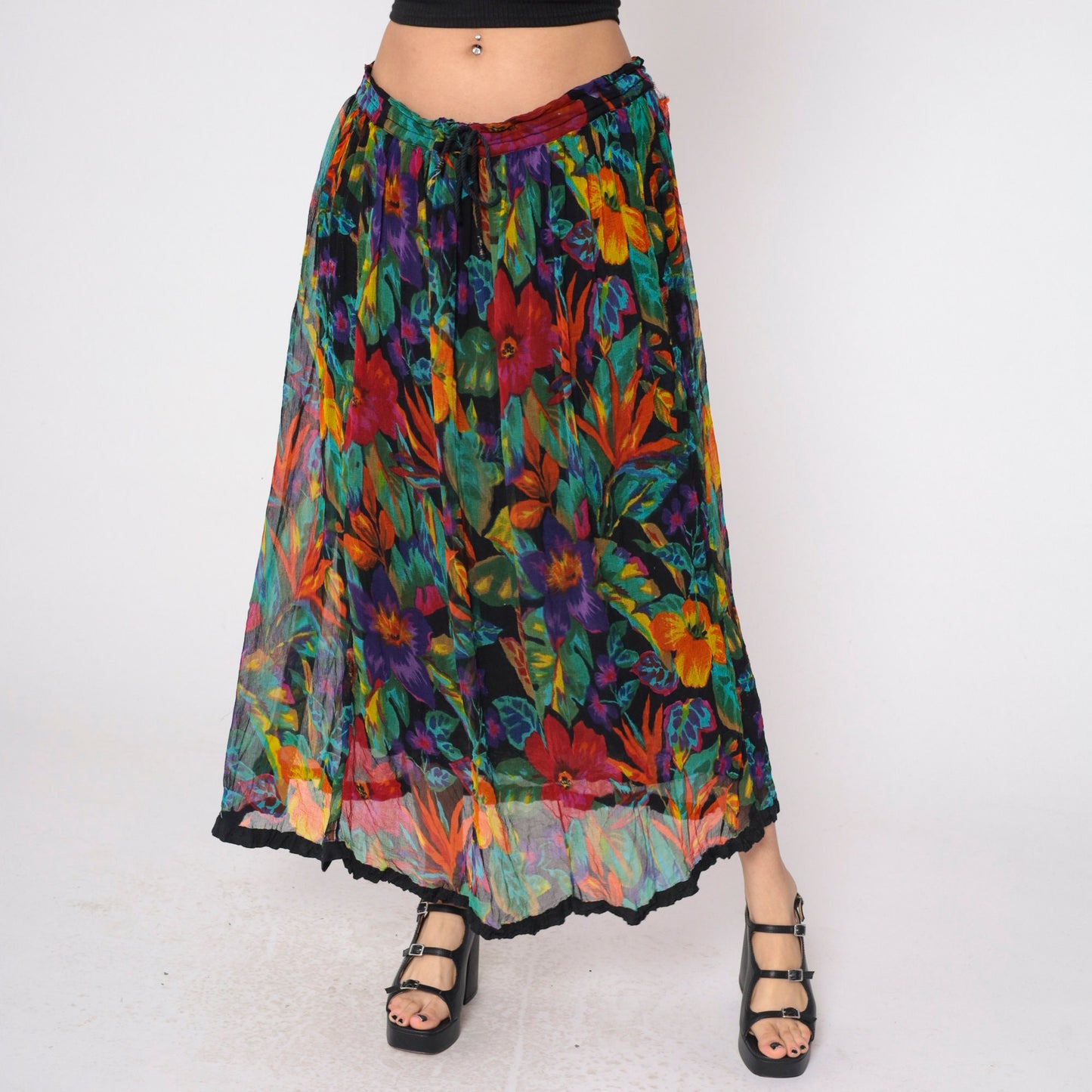 90s Tropical Floral Maxi Skirt Pleated Drawstring Waist Cotton Small Medium Large