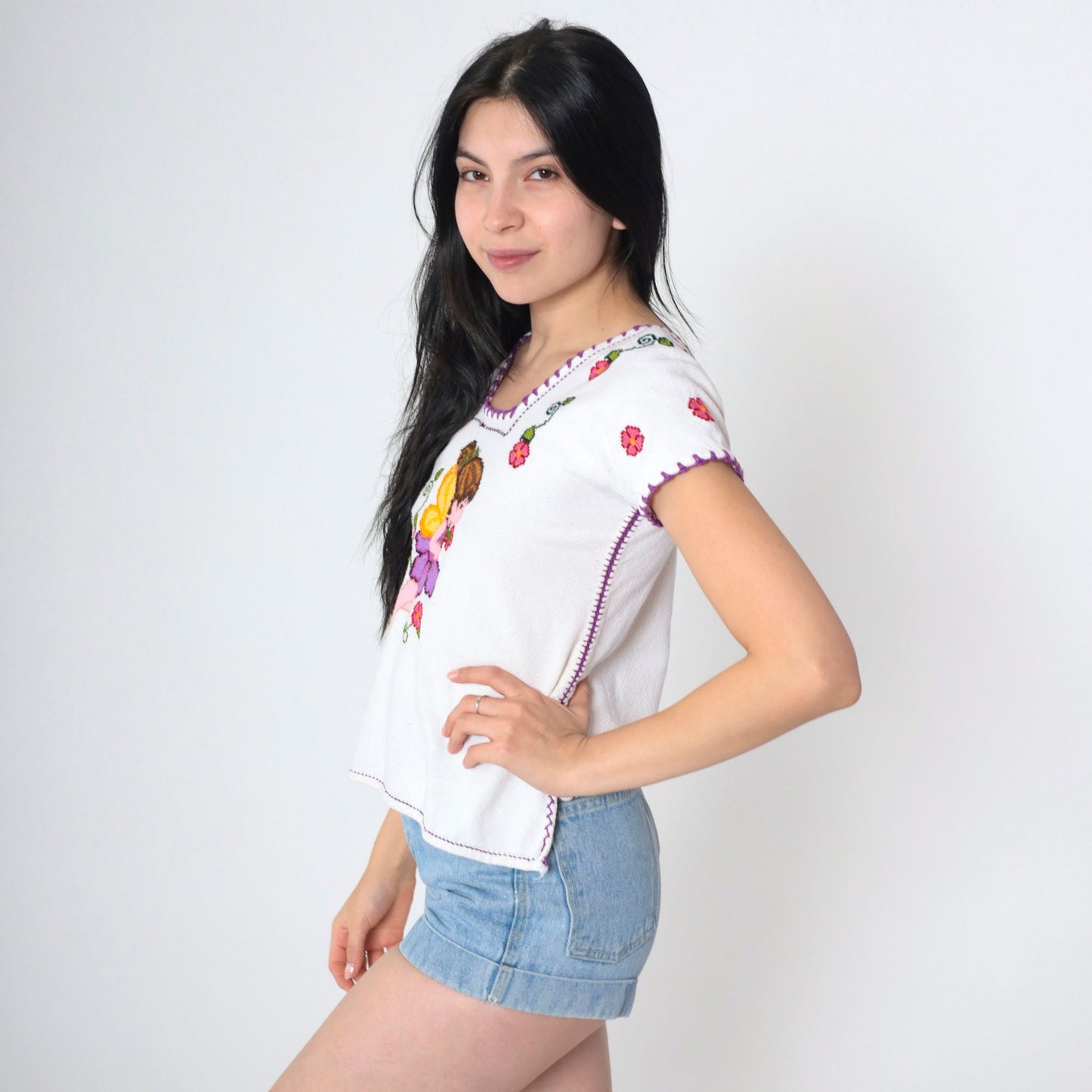 90s Cross Stitch Fairy Embroidered Floral Blouse White Mexican Top XXS