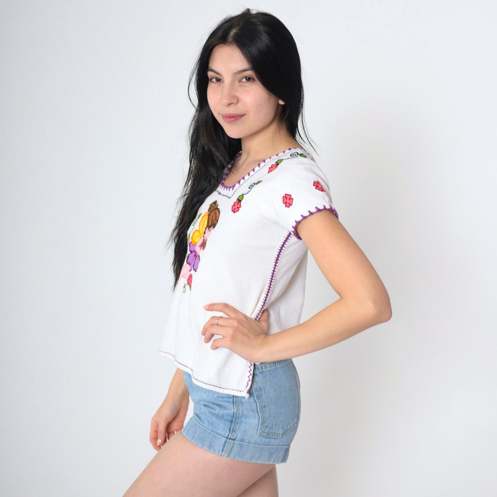 90s Cross Stitch Fairy Embroidered Floral Blouse White Mexican Top XXS